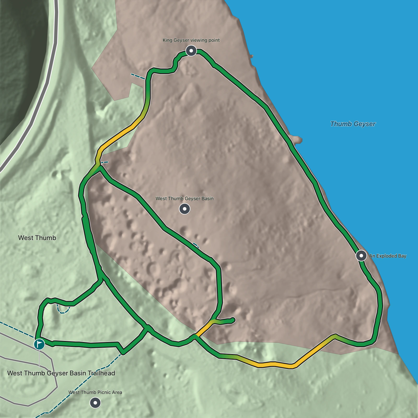Terrain map of West Thumb Geyser Basin in Yellowstone National Park