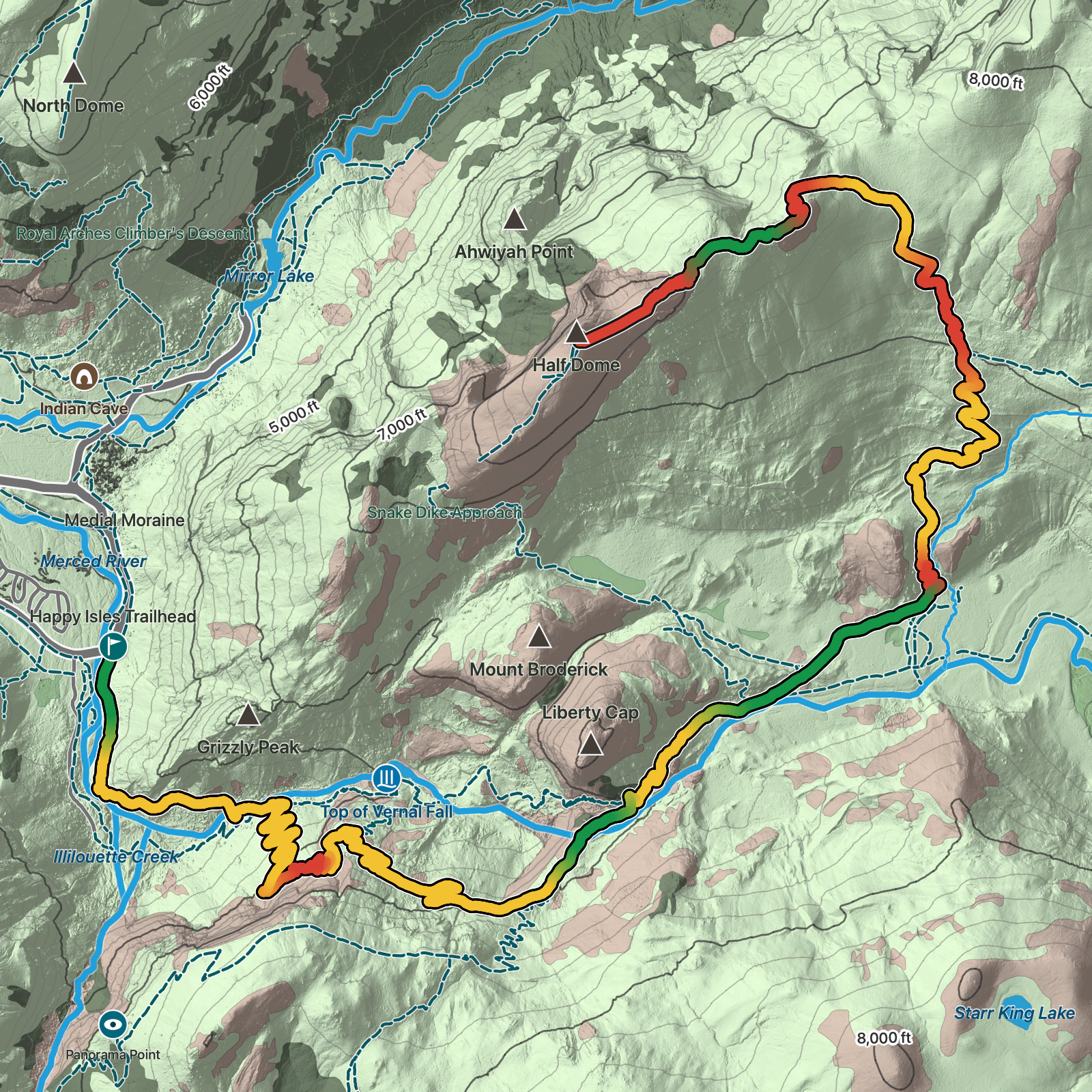 Terrain map of Half Dome via the John Muir Trail in Yosemite National Park
