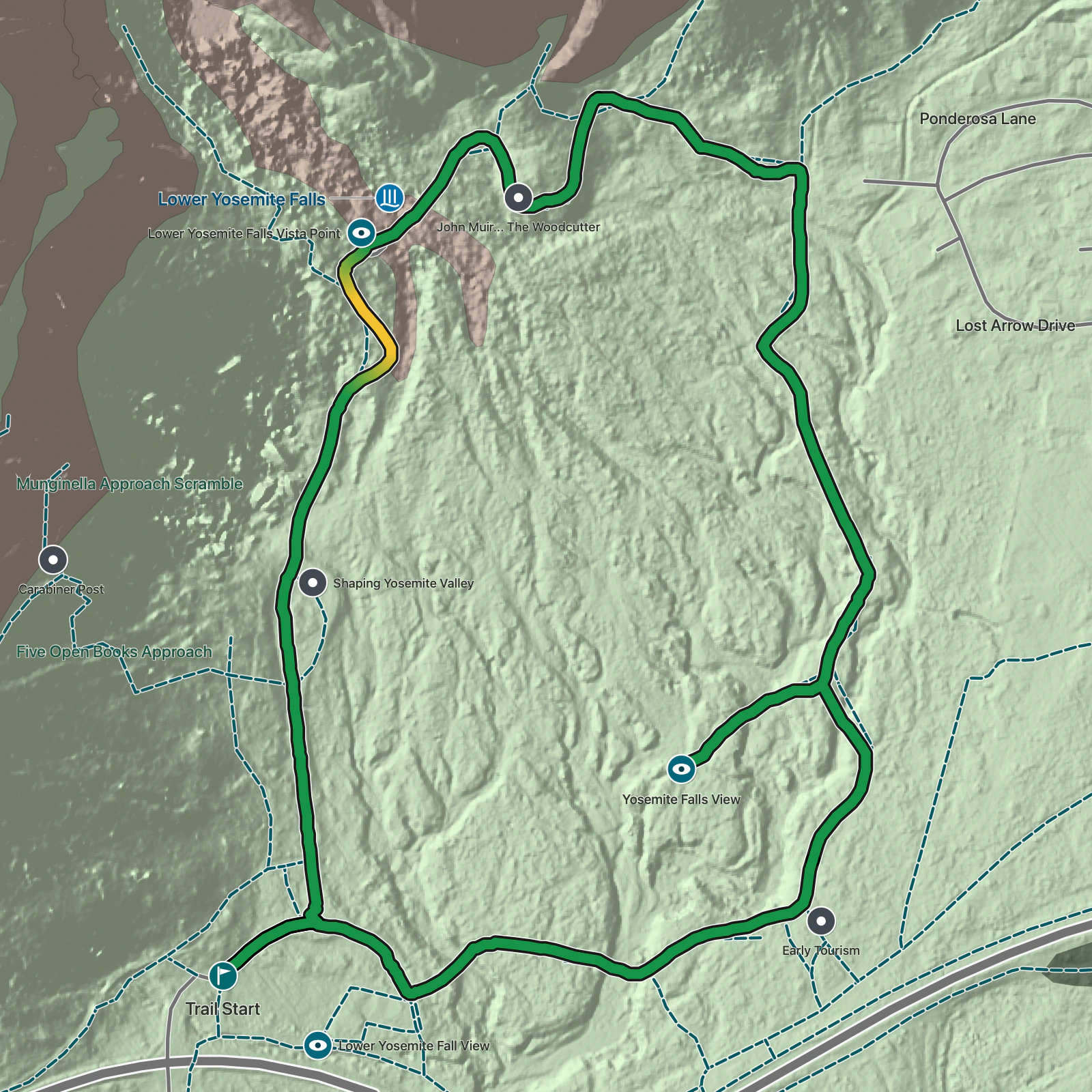 Terrain map of Lower Yosemite Fall Trail in Yosemite National Park
