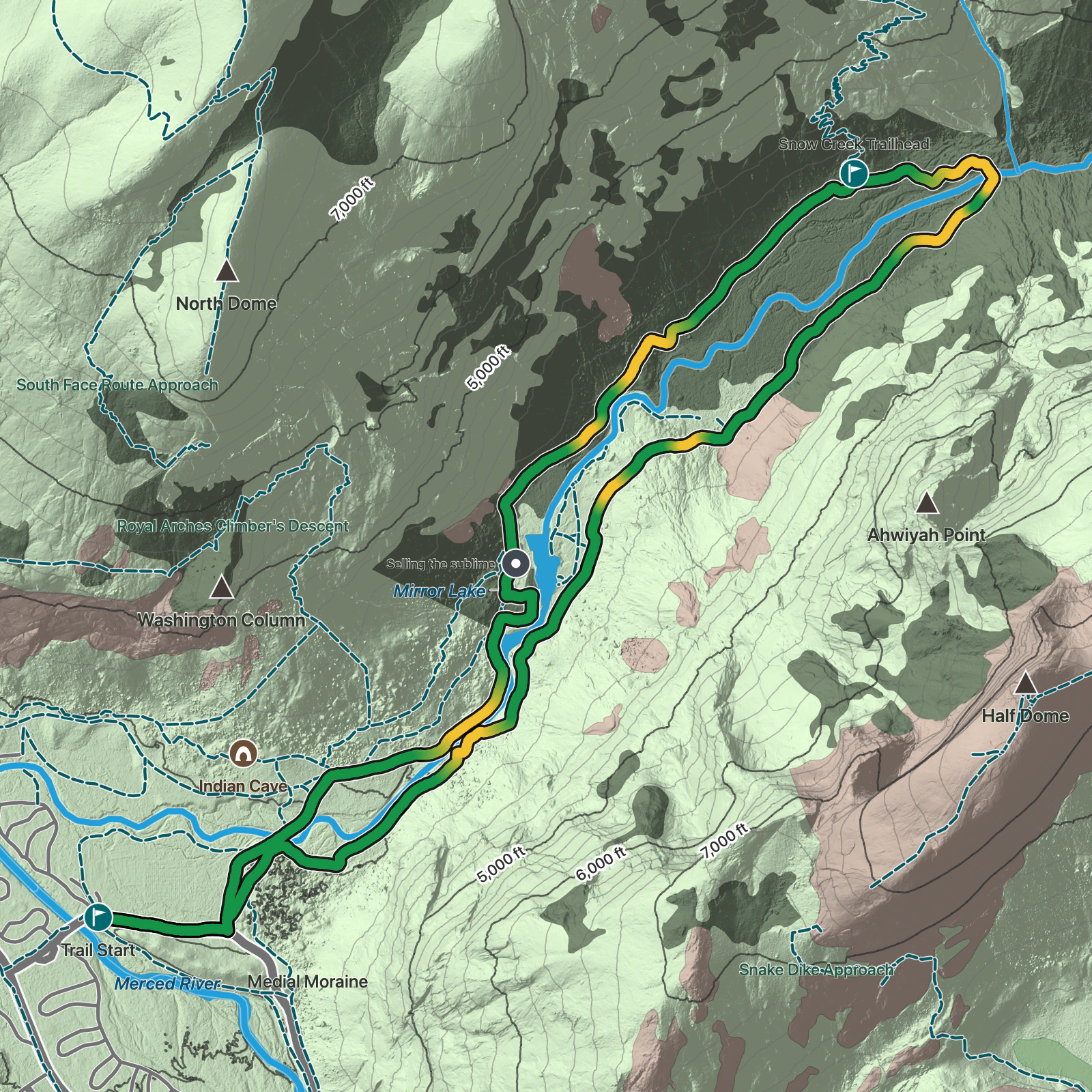Terrain map of Mirror Lake Loop in Yosemite National Park