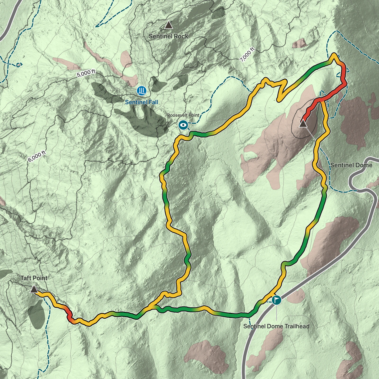 Terrain map of Sentinel Dome and Taft Point Loop in Yosemite National Park