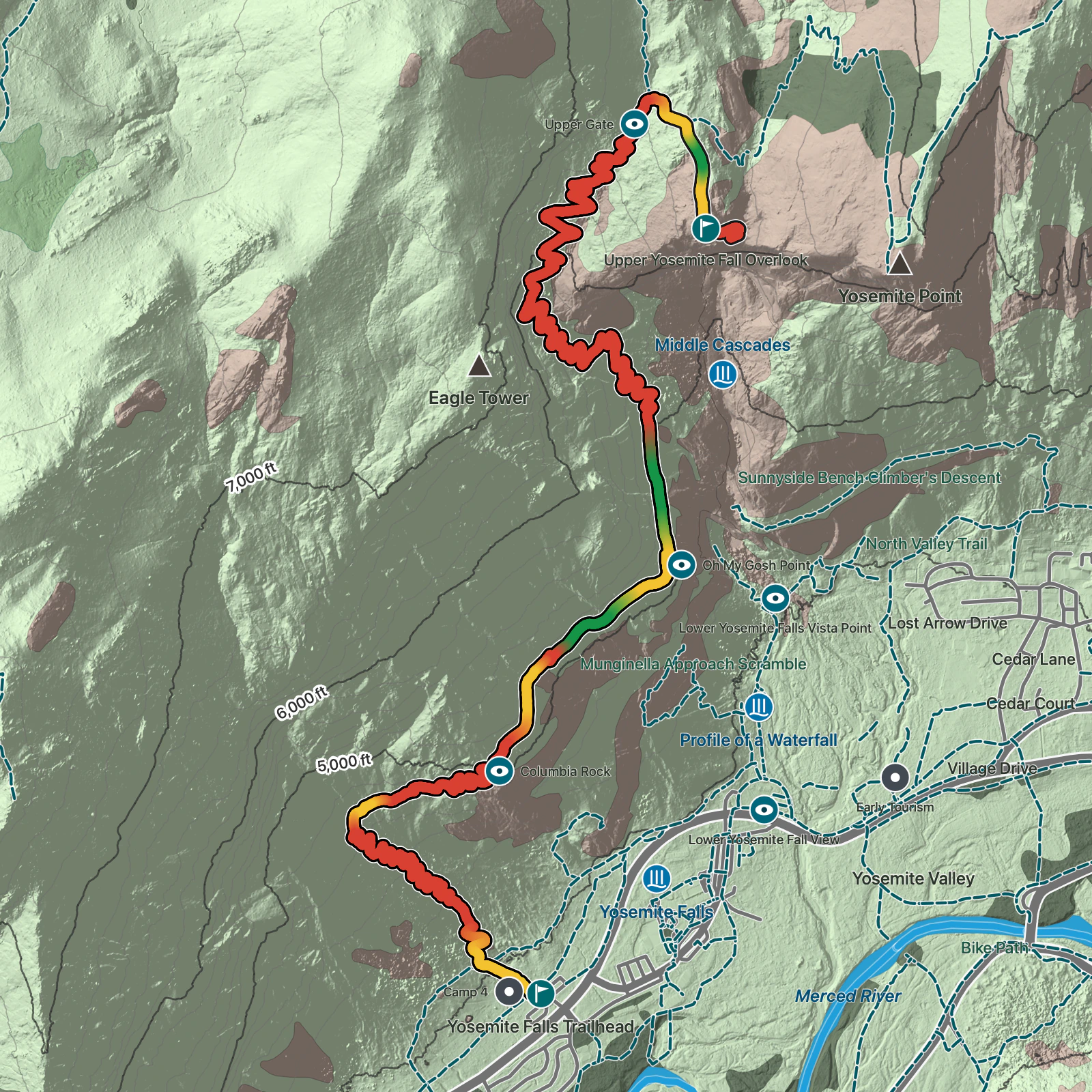 Terrain map of Upper Yosemite Falls Trail in Yosemite National Park