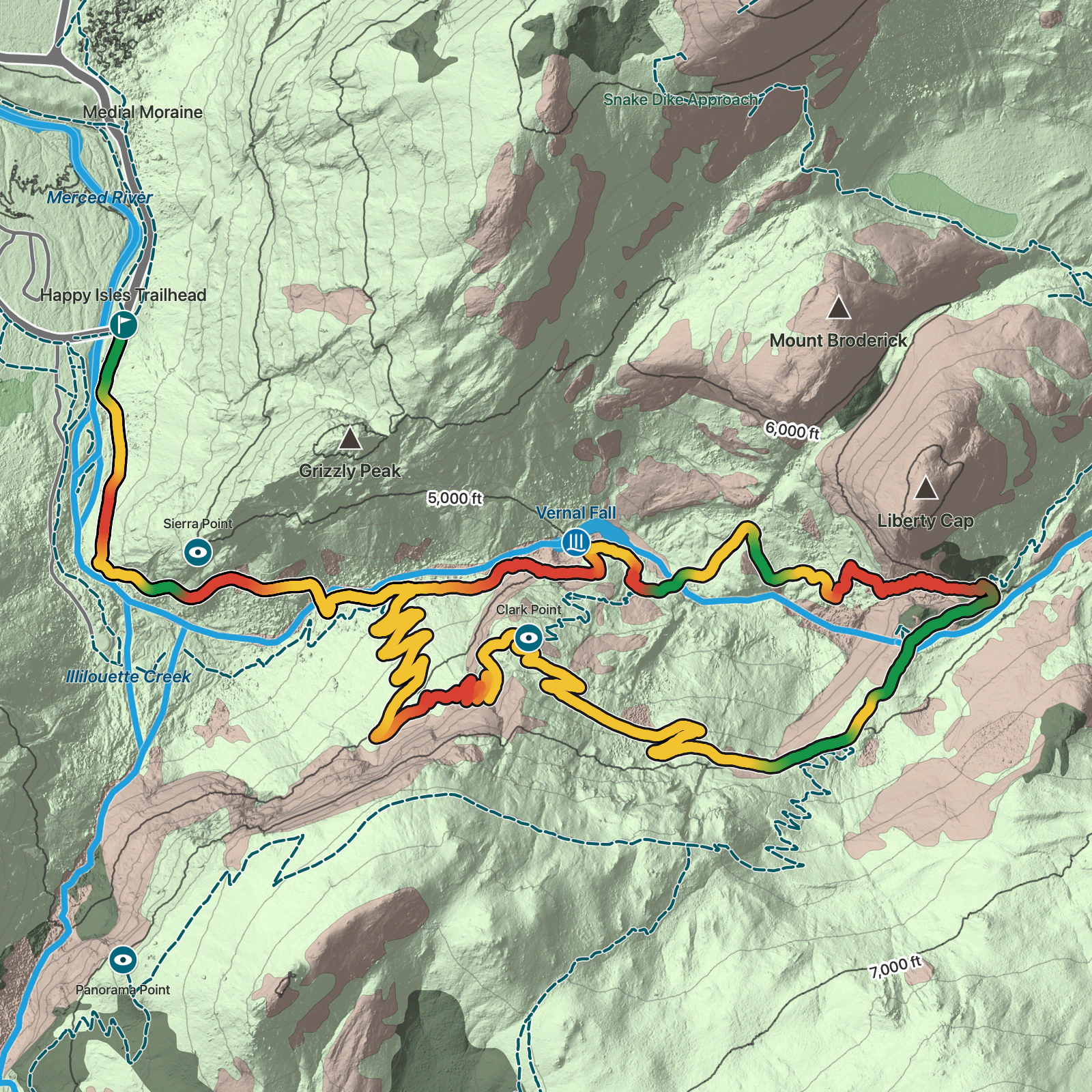 Terrain map of Vernal and Nevada Falls via Mist Trail in Yosemite National Park