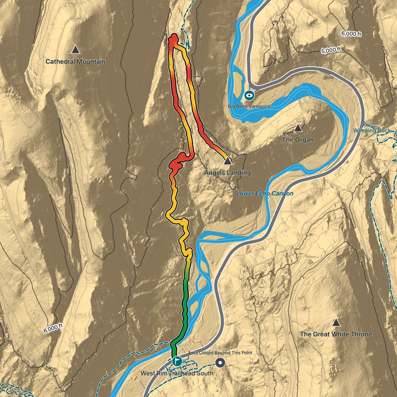 Terrain map of Angels Landing in Zion National Park