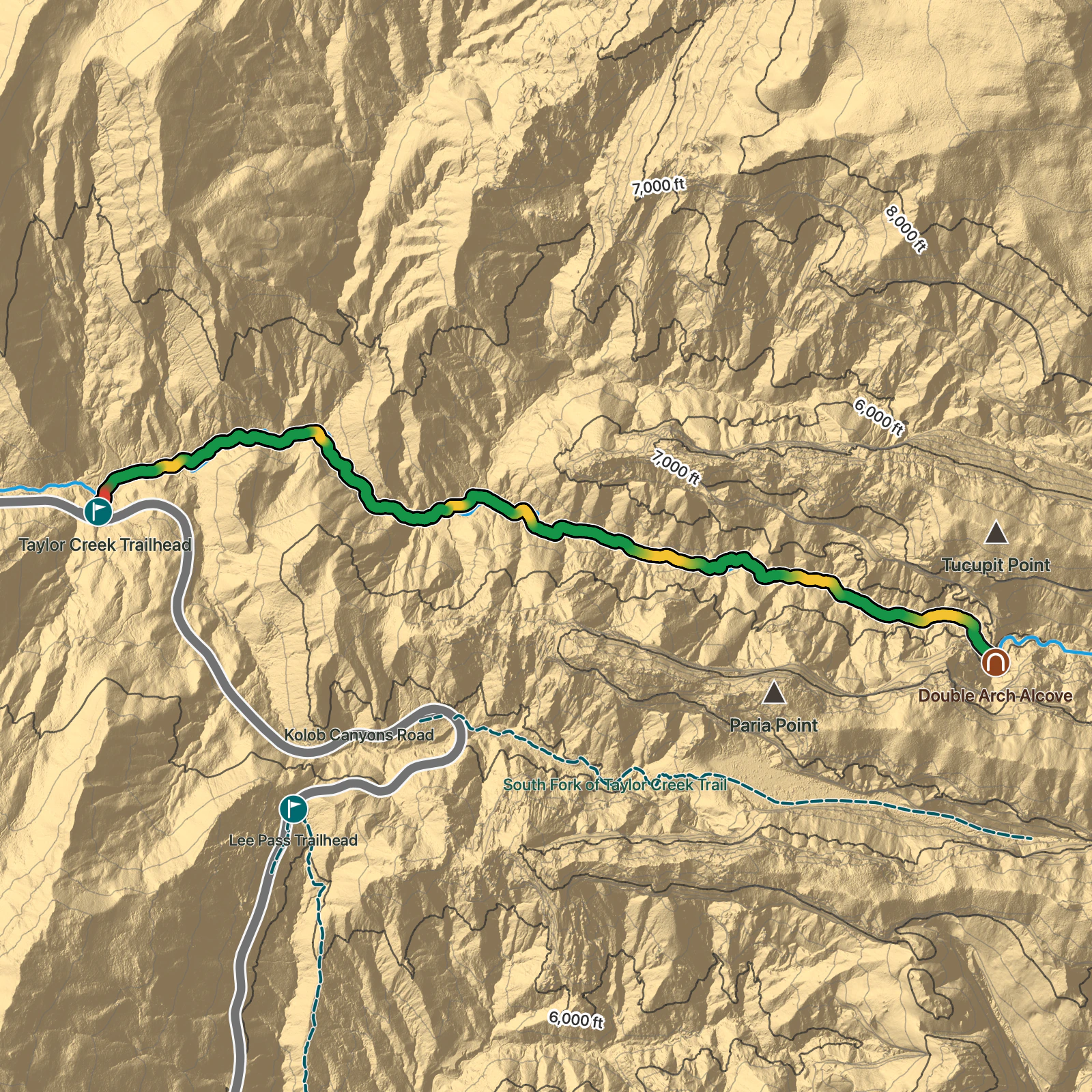 Terrain map of Taylor Creek to Double Arch Alcove in Zion National Park