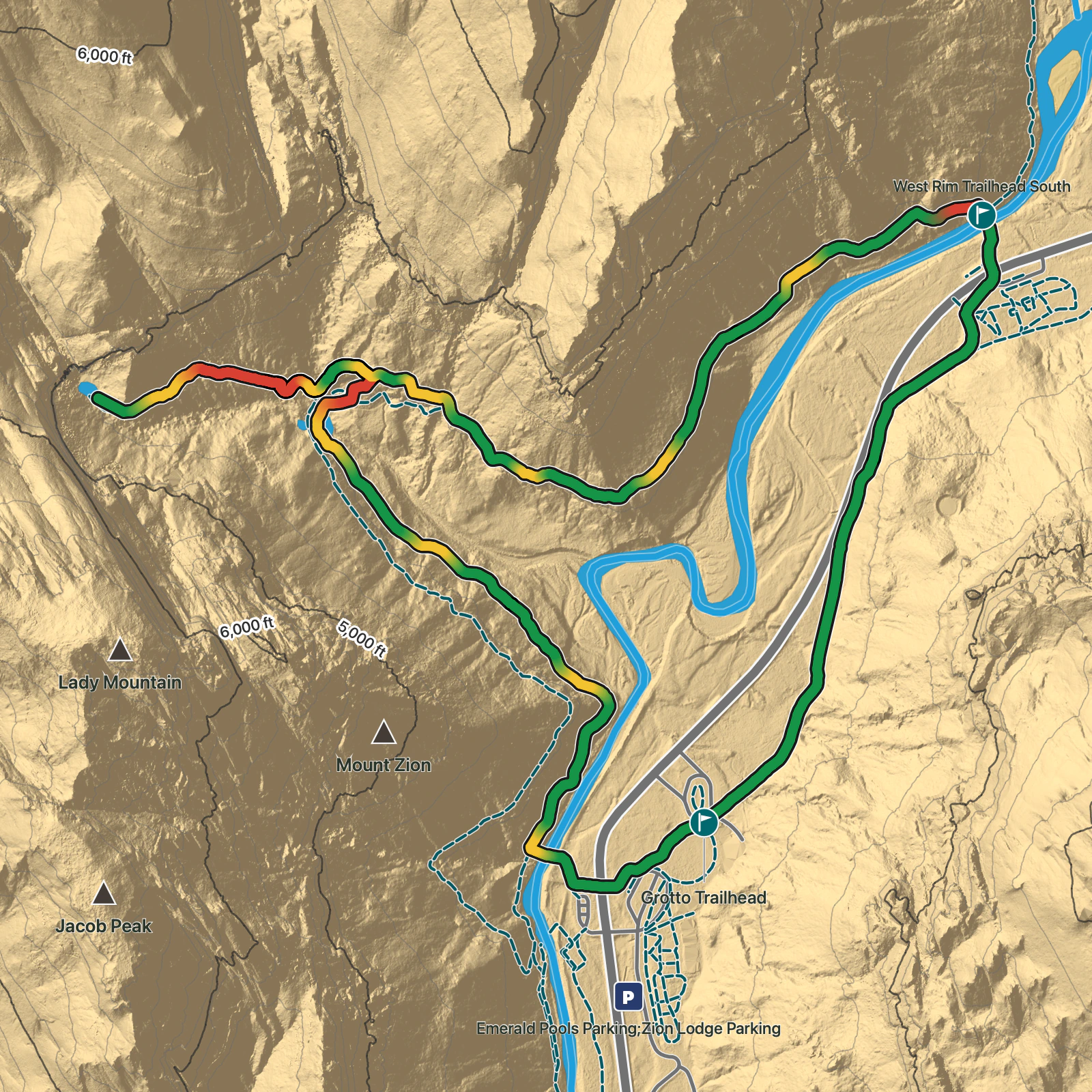 Terrain map of Emerald Pools Loop in Zion National Park