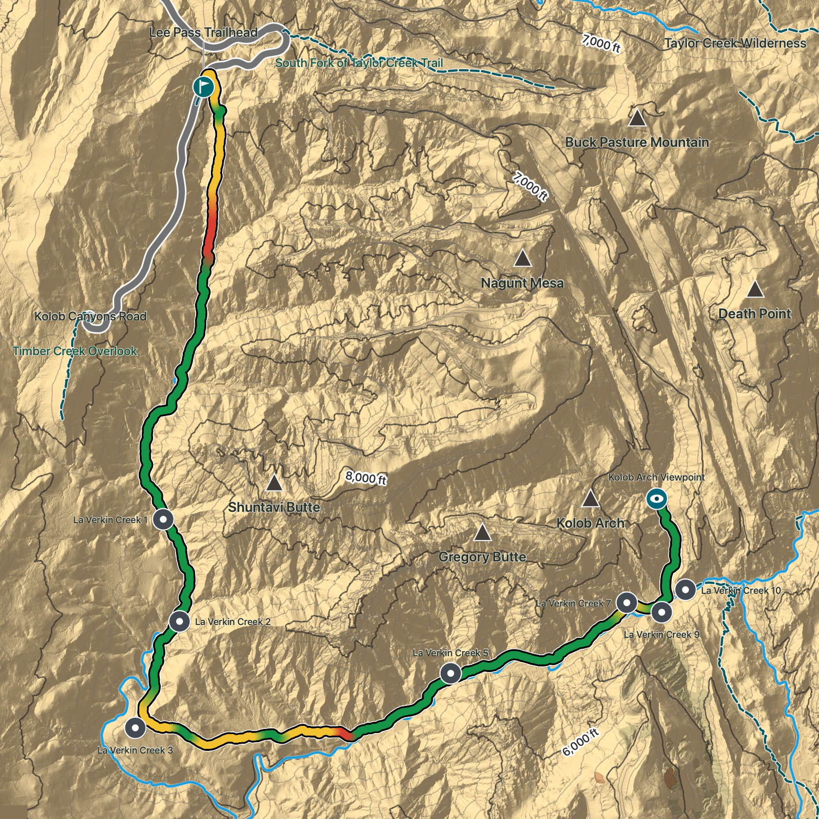 Terrain map of Kolob Arch via La Verkin Creek Trail in Zion National Park