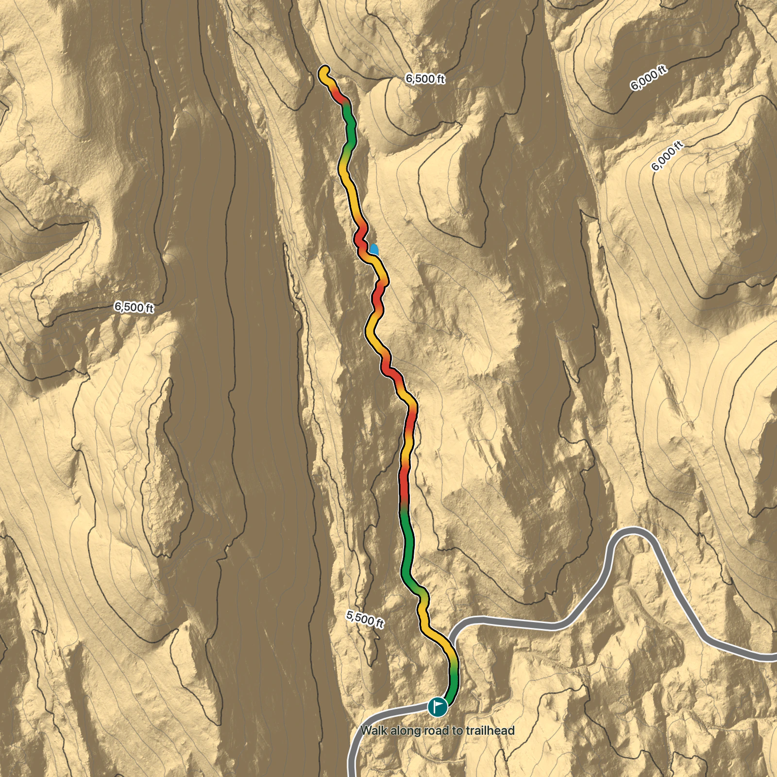 Terrain map of Many Pools Route in Zion National Park