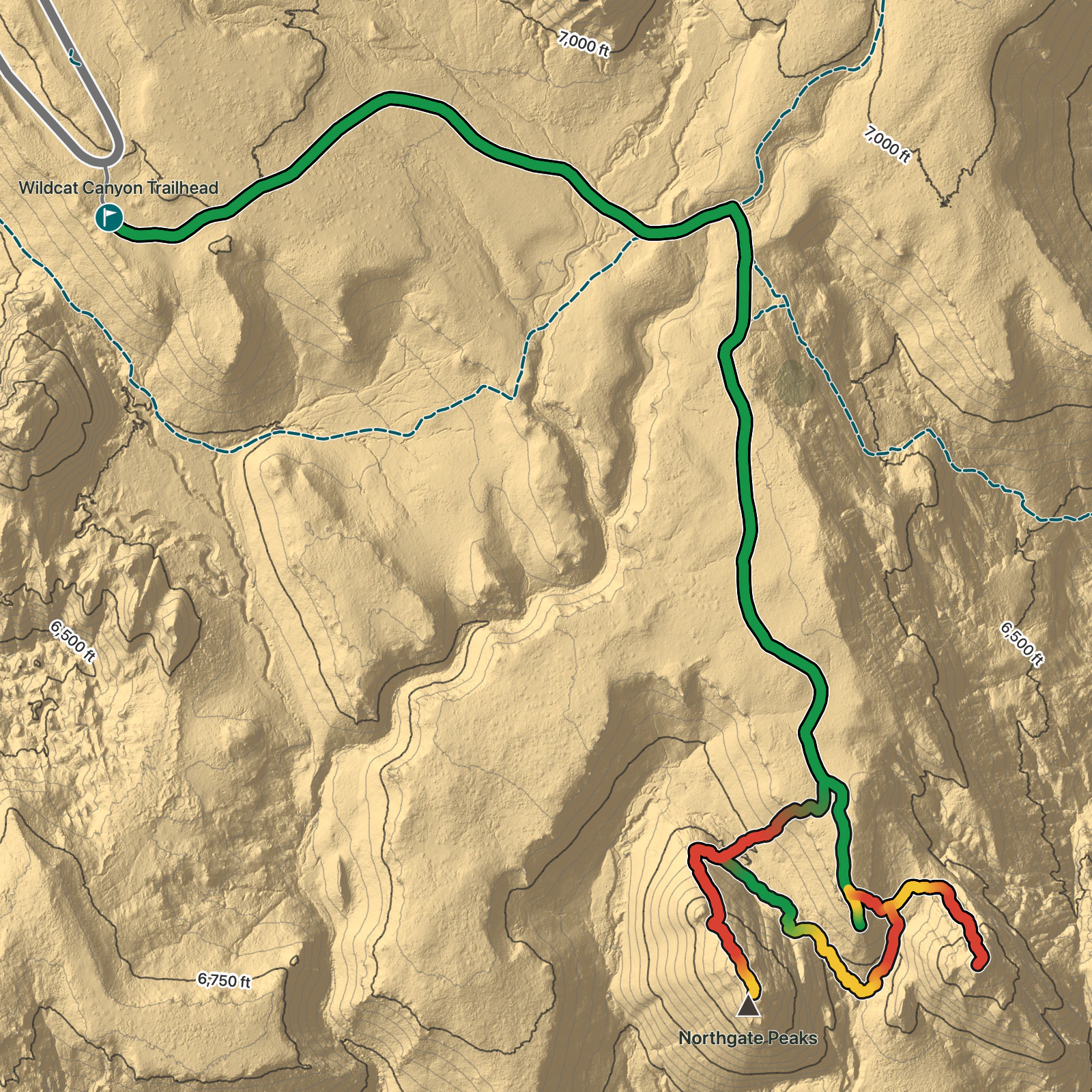 Terrain map of Northgate Peaks via Kolob Terrace in Zion National Park