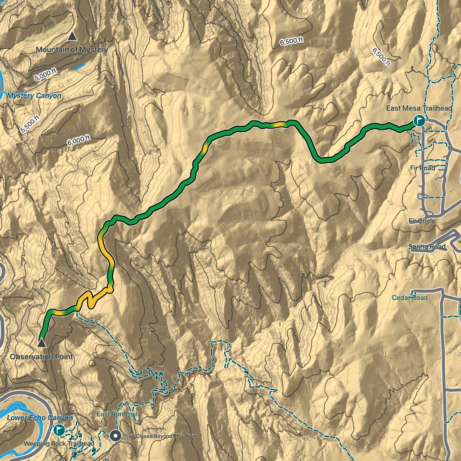 Terrain map of Observation Point via East Mesa Trail in Zion National Park