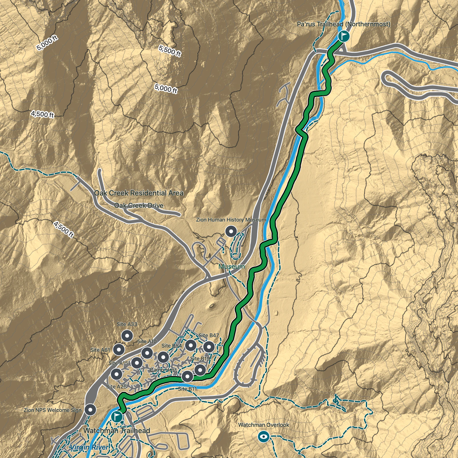 Terrain map of Pa'rus Trail in Zion National Park