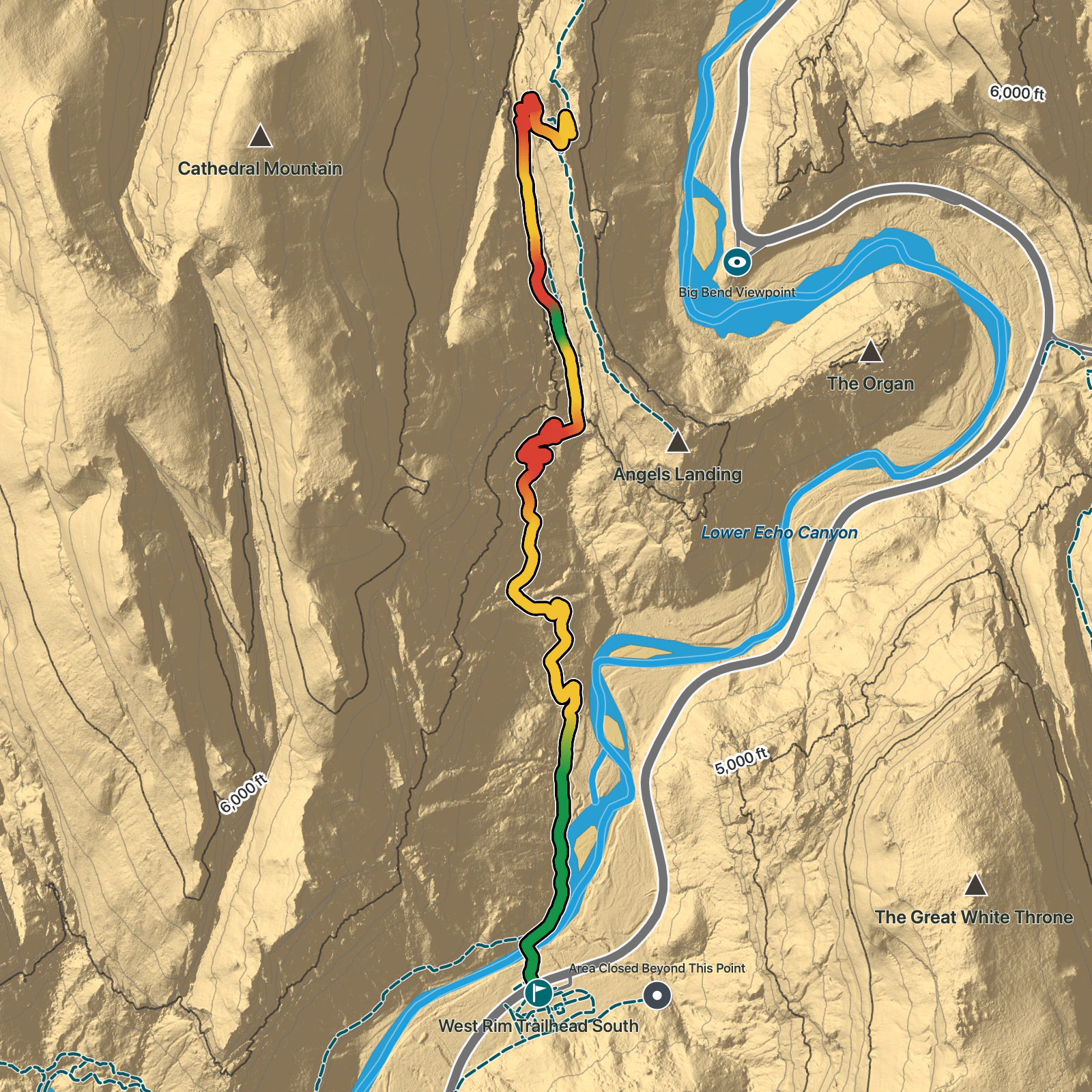 Terrain map of Scout Lookout via West Rim Trail in Zion National Park