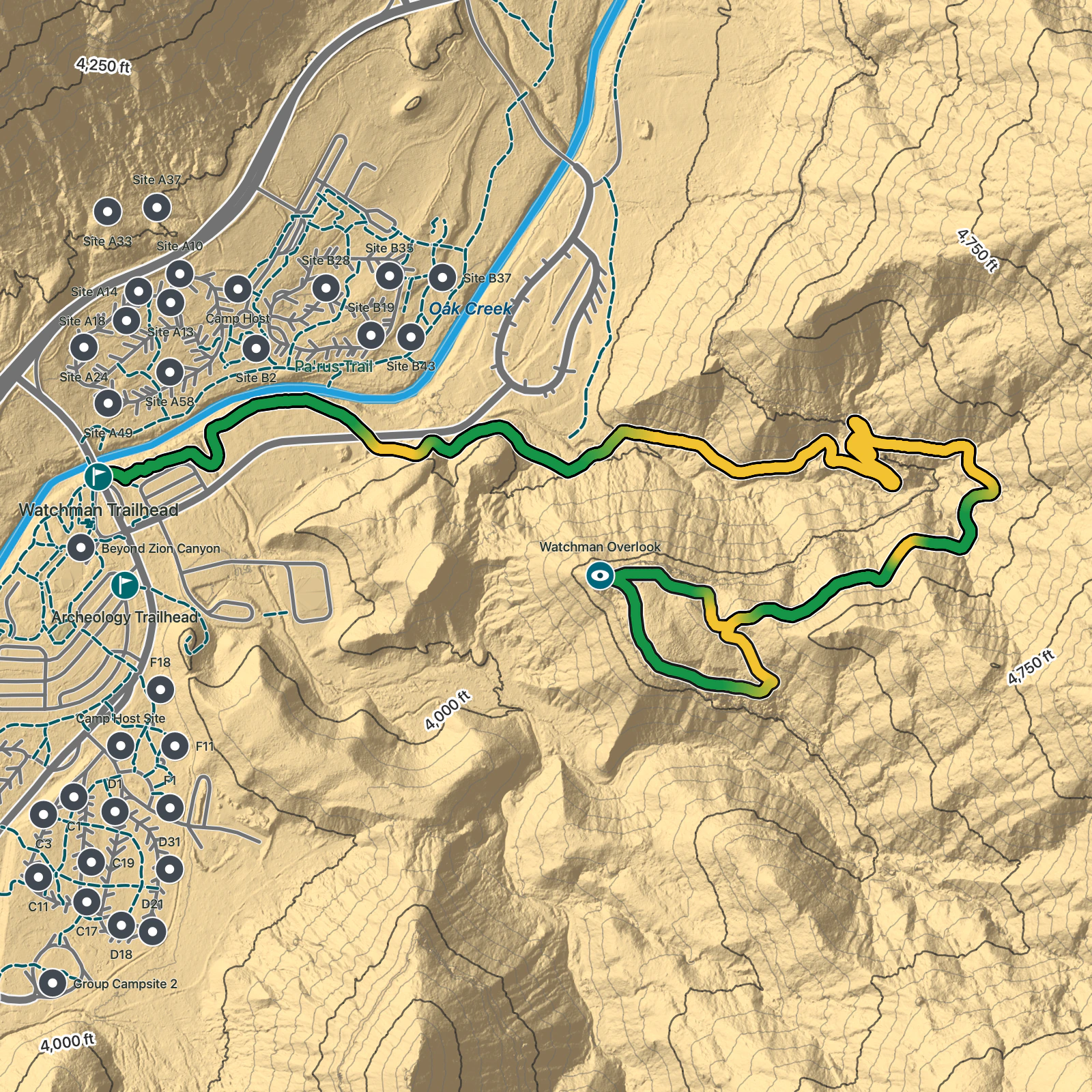 Terrain map of Watchman Trail in Zion National Park