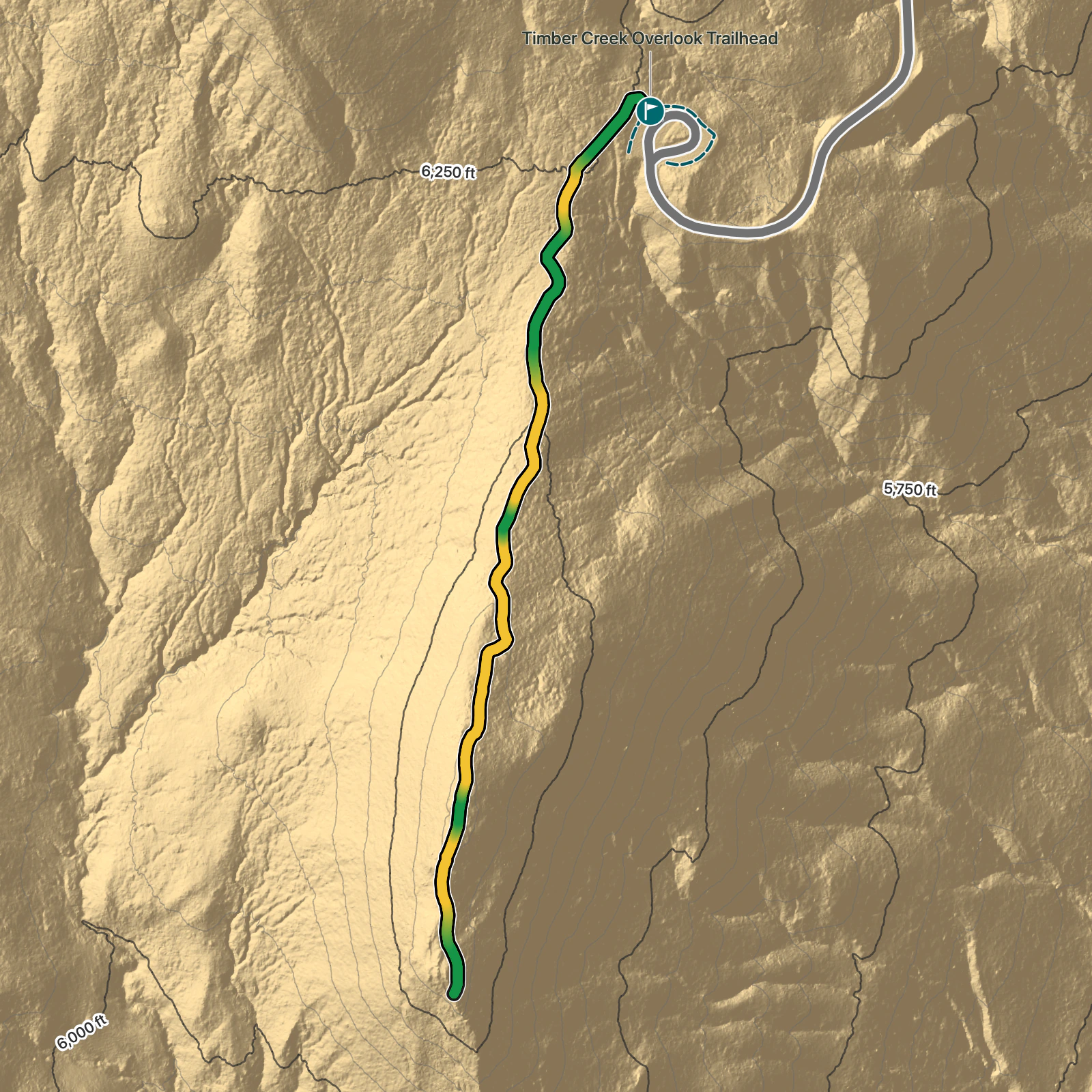 Terrain map of Timber Creek Overlook Trail in Zion National Park