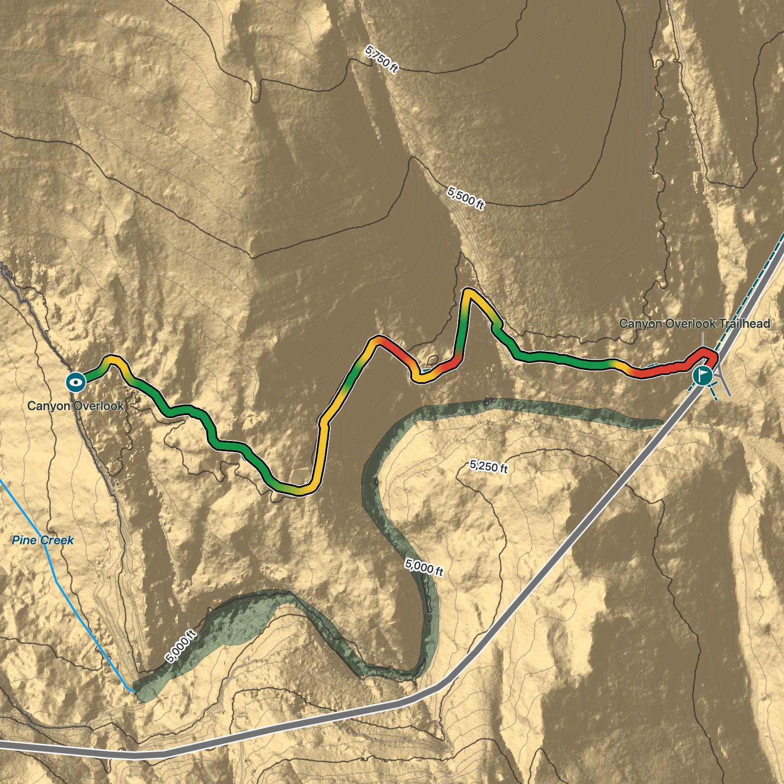 Terrain map of Canyon Overlook Trail in Zion National Park