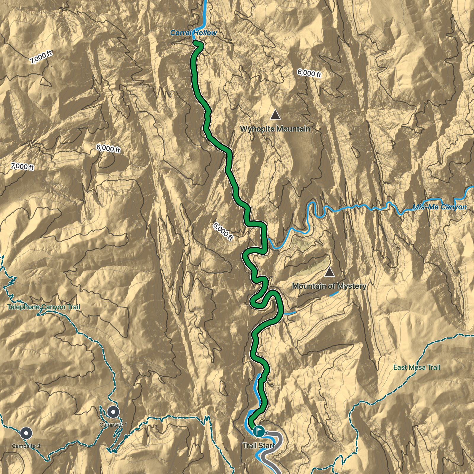 Terrain map of The Narrows to Big Spring in Zion National Park