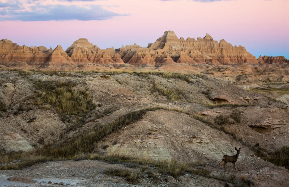Layered rock formations across Badlands National Park