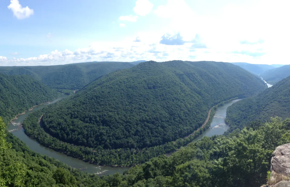 The New River bends between forested walls in New River Gorge National Park and Preserve