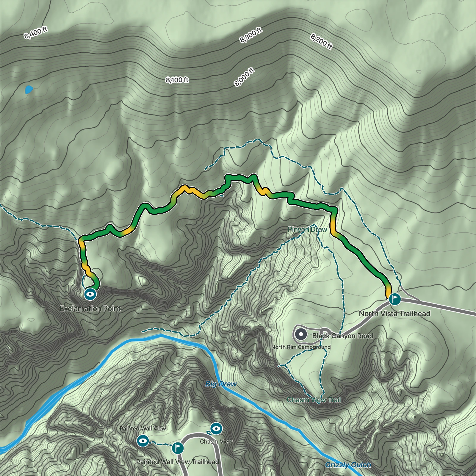 Terrain map of Exclamation Point via North Vista Trail in Black Canyon of the Gunnison National Park