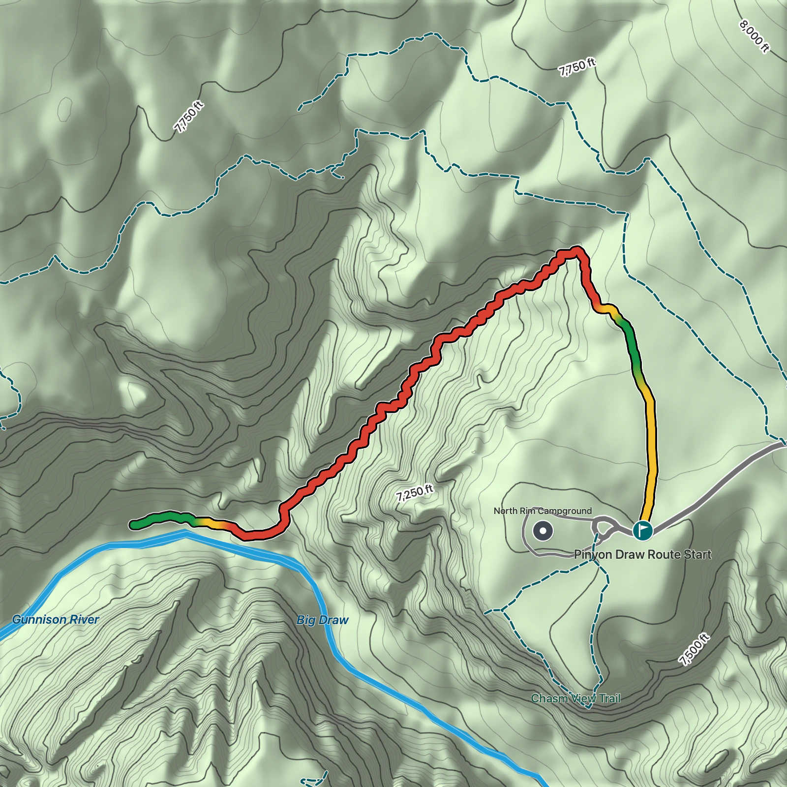 Terrain map of Pinyon Draw Route in Black Canyon of the Gunnison National Park
