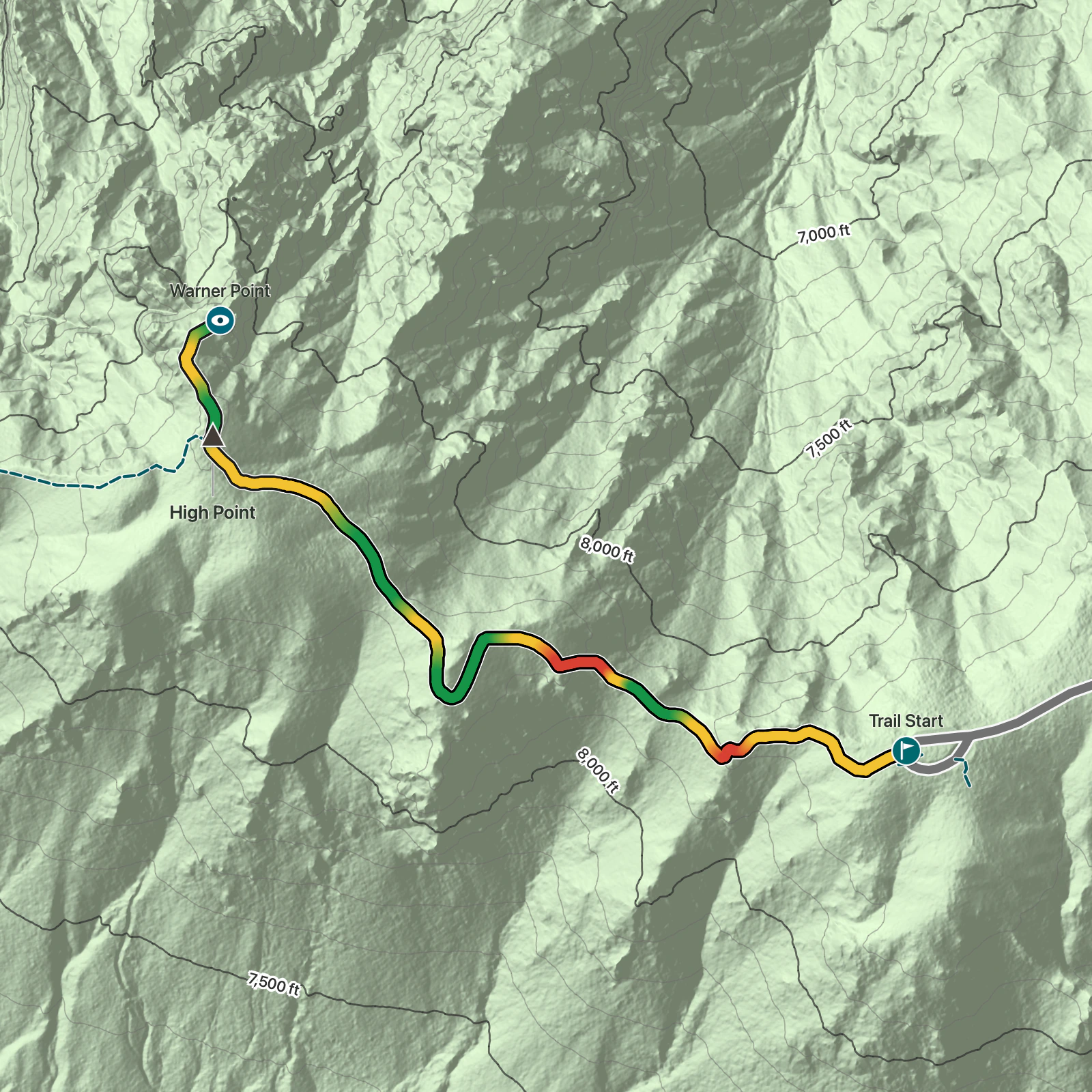 Terrain map of Warner Point Nature Trail in Black Canyon of the Gunnison National Park
