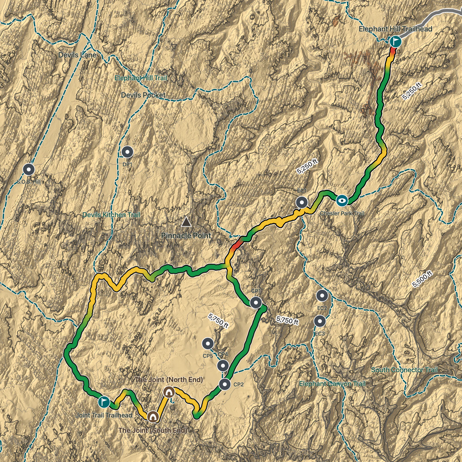 Terrain map of Chesler Park Loop Trail in Canyonlands National Park