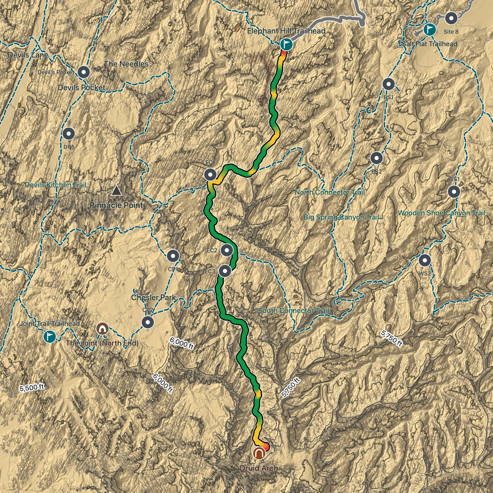 Terrain map of Druid Arch in Canyonlands National Park