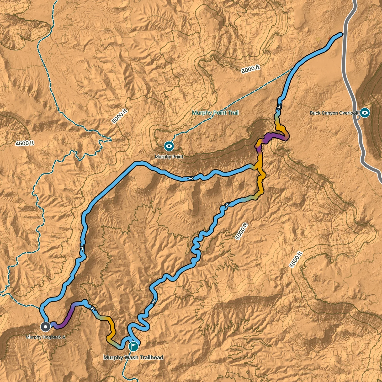Terrain map of Murphy Trail Loop in Canyonlands National Park