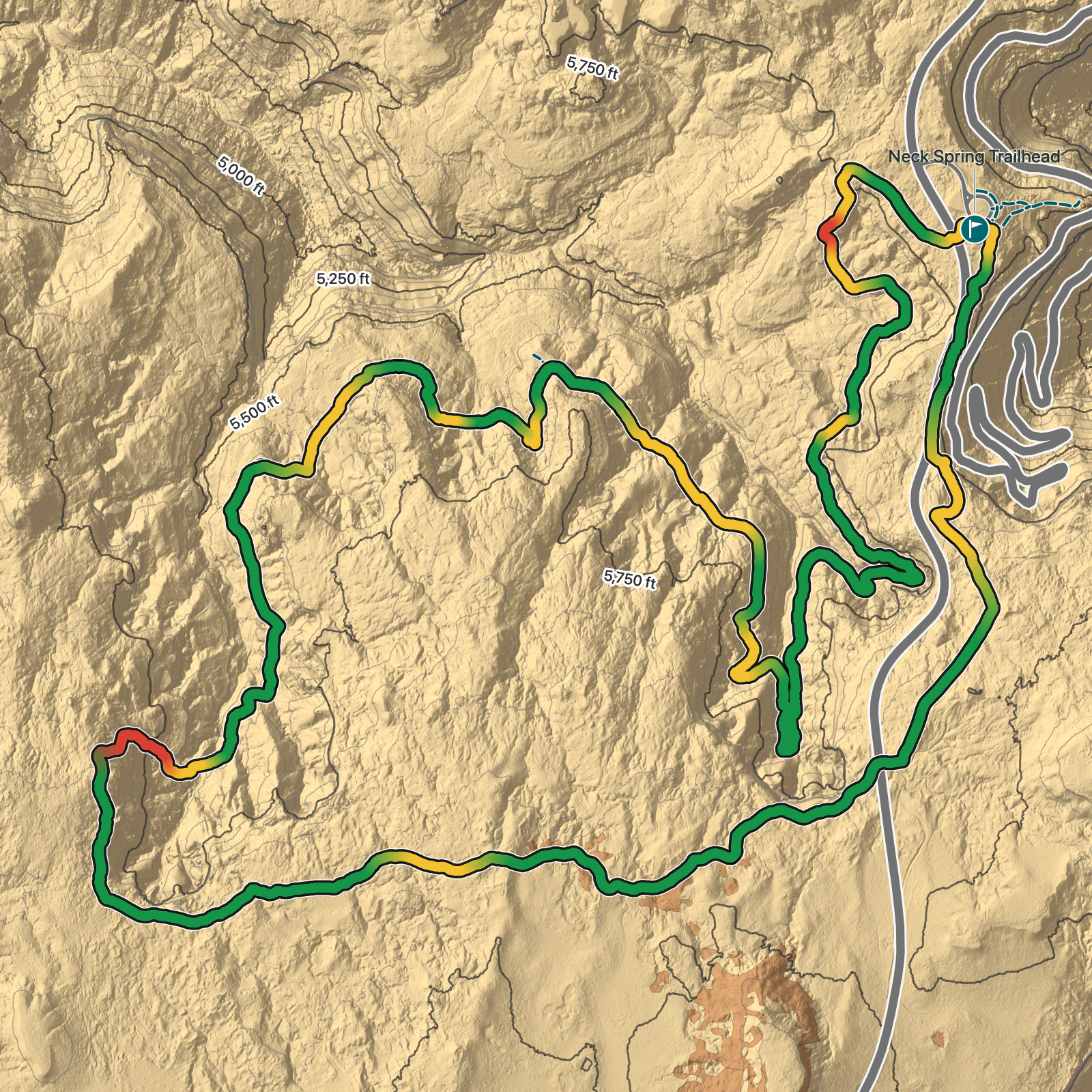 Terrain map of Neck Spring Trail in Canyonlands National Park