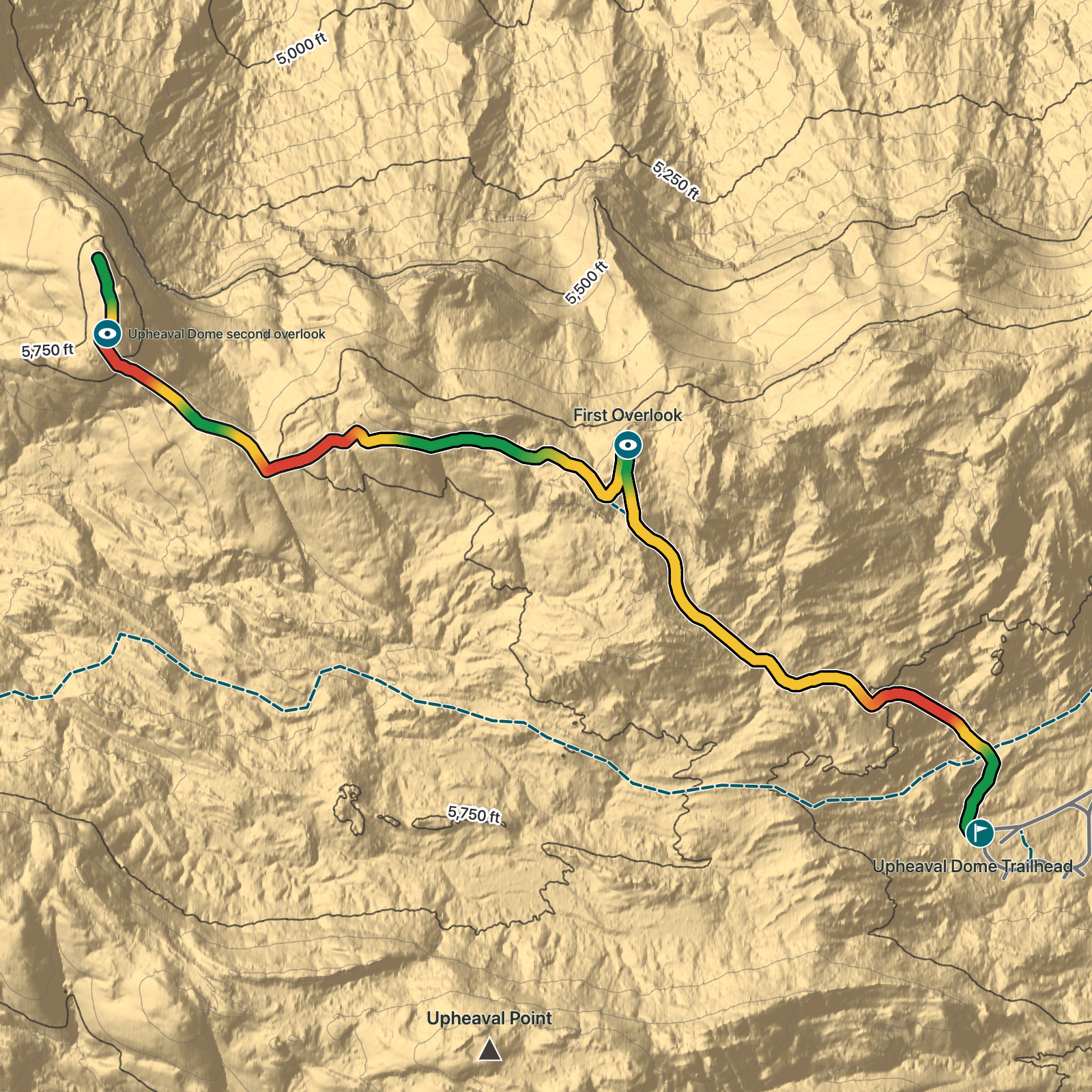 Terrain map of Upheaval Dome via Crater View Trail in Canyonlands National Park