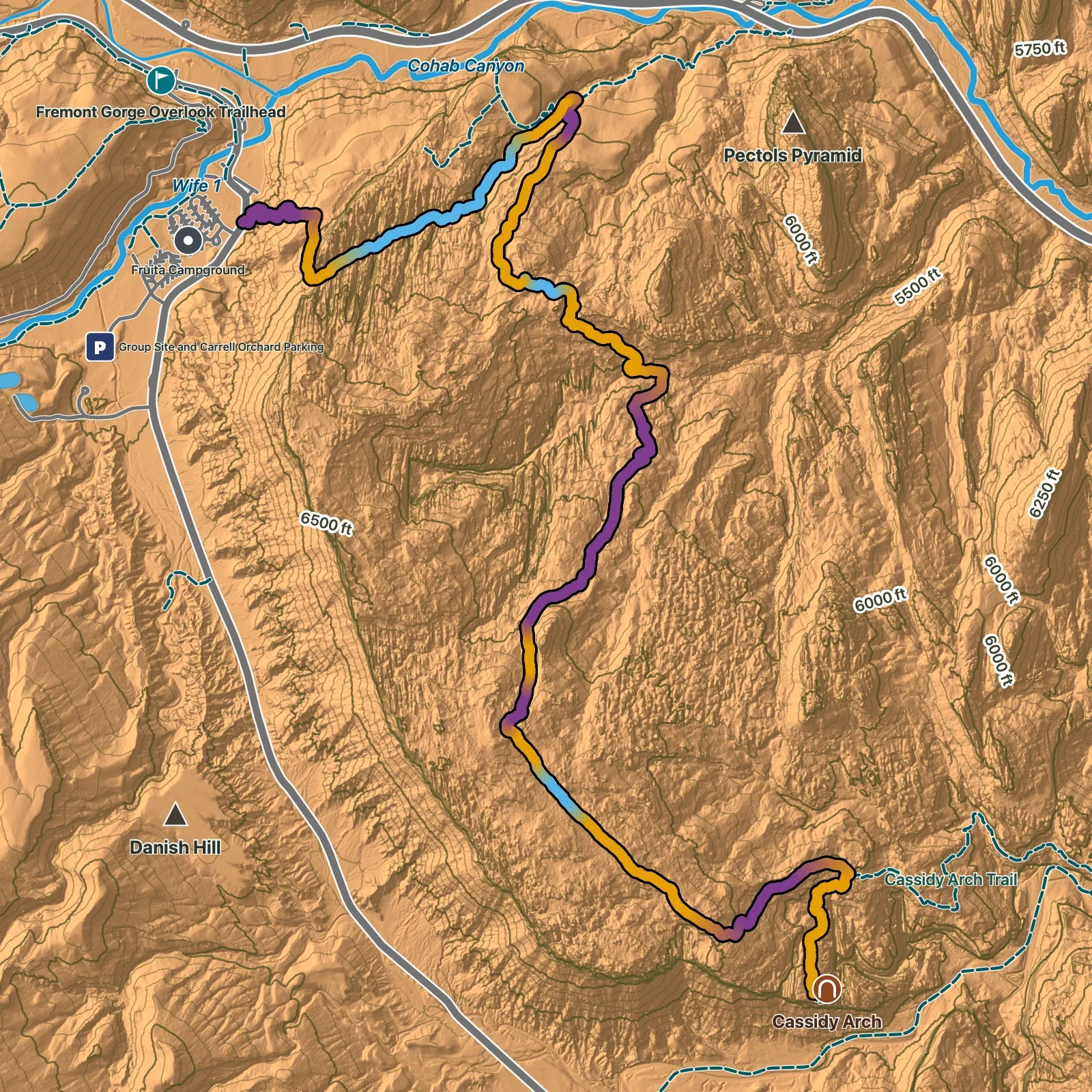 Terrain map of Cassidy Arch via Frying Pan Trail in Capitol Reef National Park