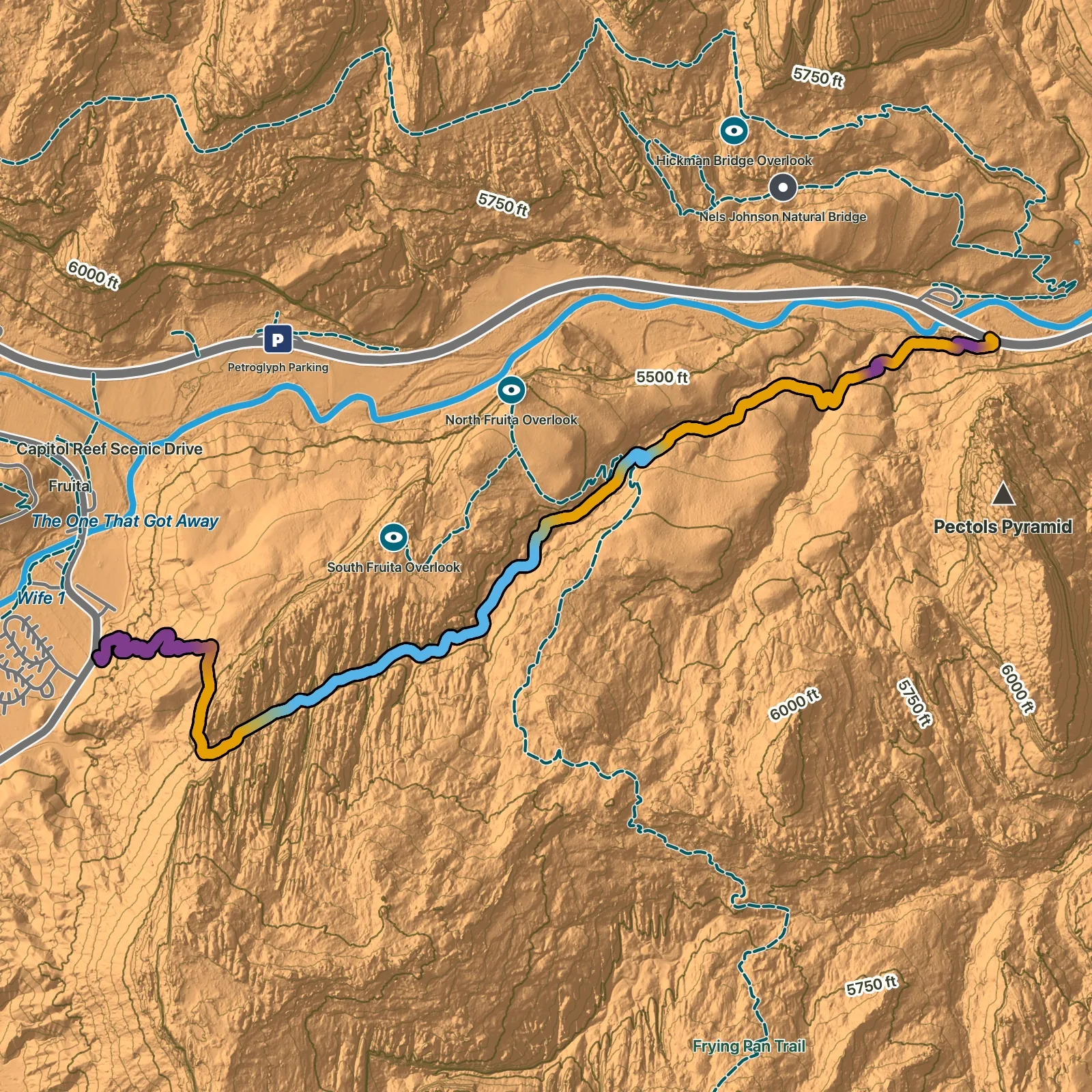 Terrain map of Cohab Canyon Trail in Capitol Reef National Park