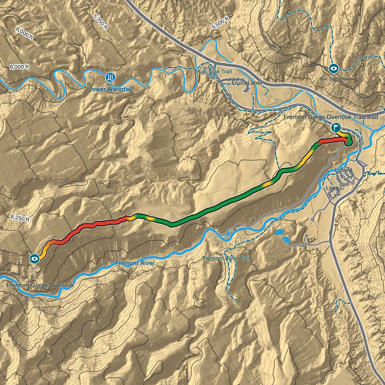 Terrain map of Fremont Gorge Trail in Capitol Reef National Park