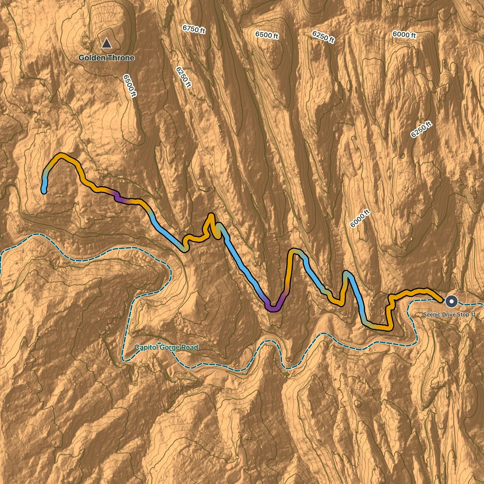 Terrain map of Golden Throne Trail in Capitol Reef National Park