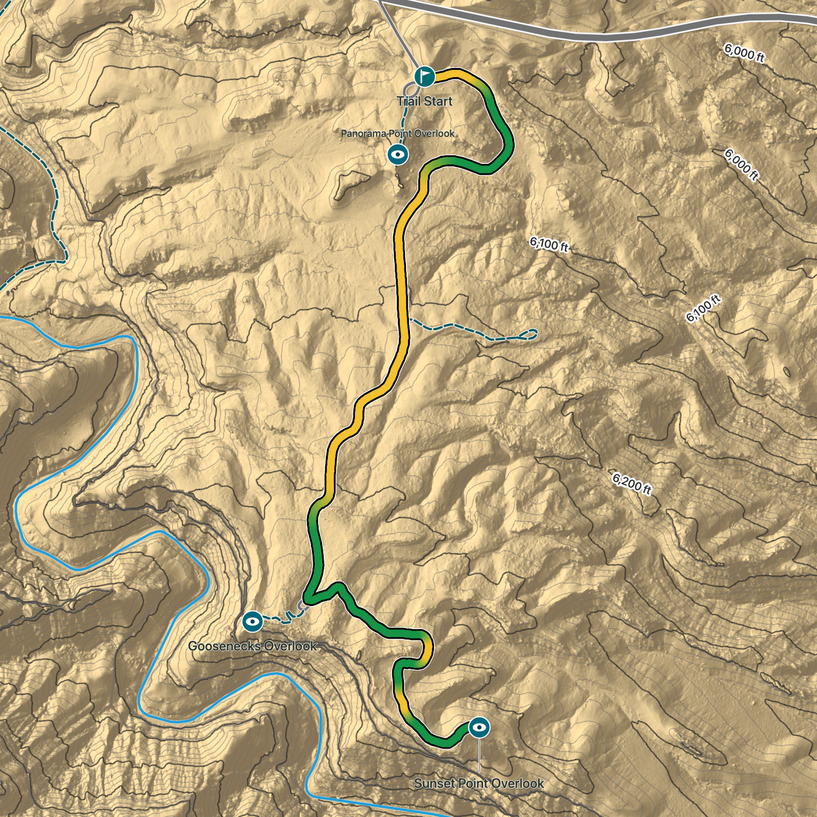 Terrain map of Goosenecks & Sunset Point in Capitol Reef National Park