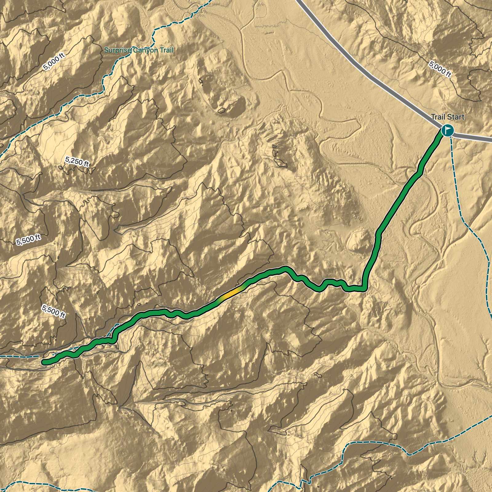 Terrain map of Headquarters Canyon Route in Capitol Reef National Park