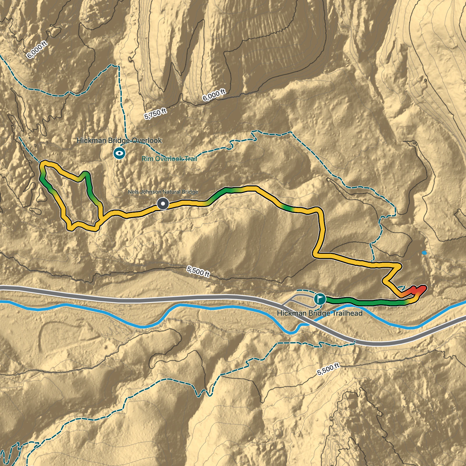 Terrain map of Hickman Bridge Trail in Capitol Reef National Park