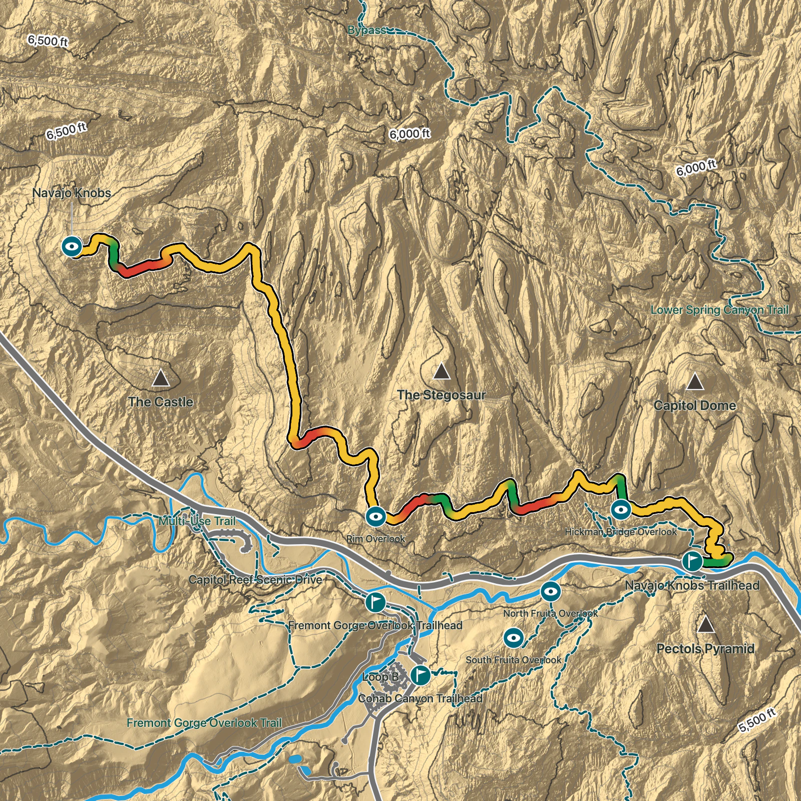 Terrain map of Navajo Knobs Trail in Capitol Reef National Park