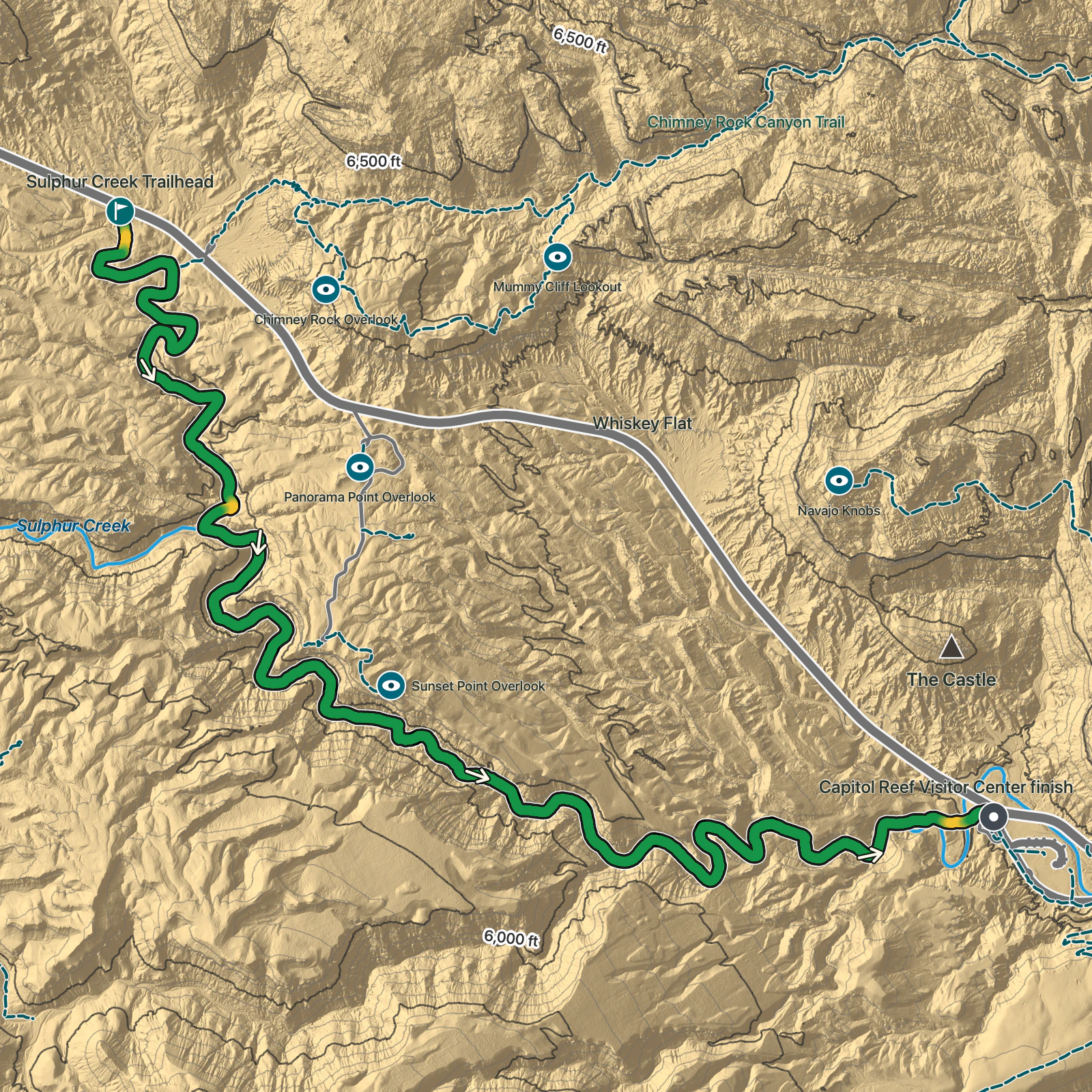 Terrain map of Sulphur Creek Top-Down Route in Capitol Reef National Park