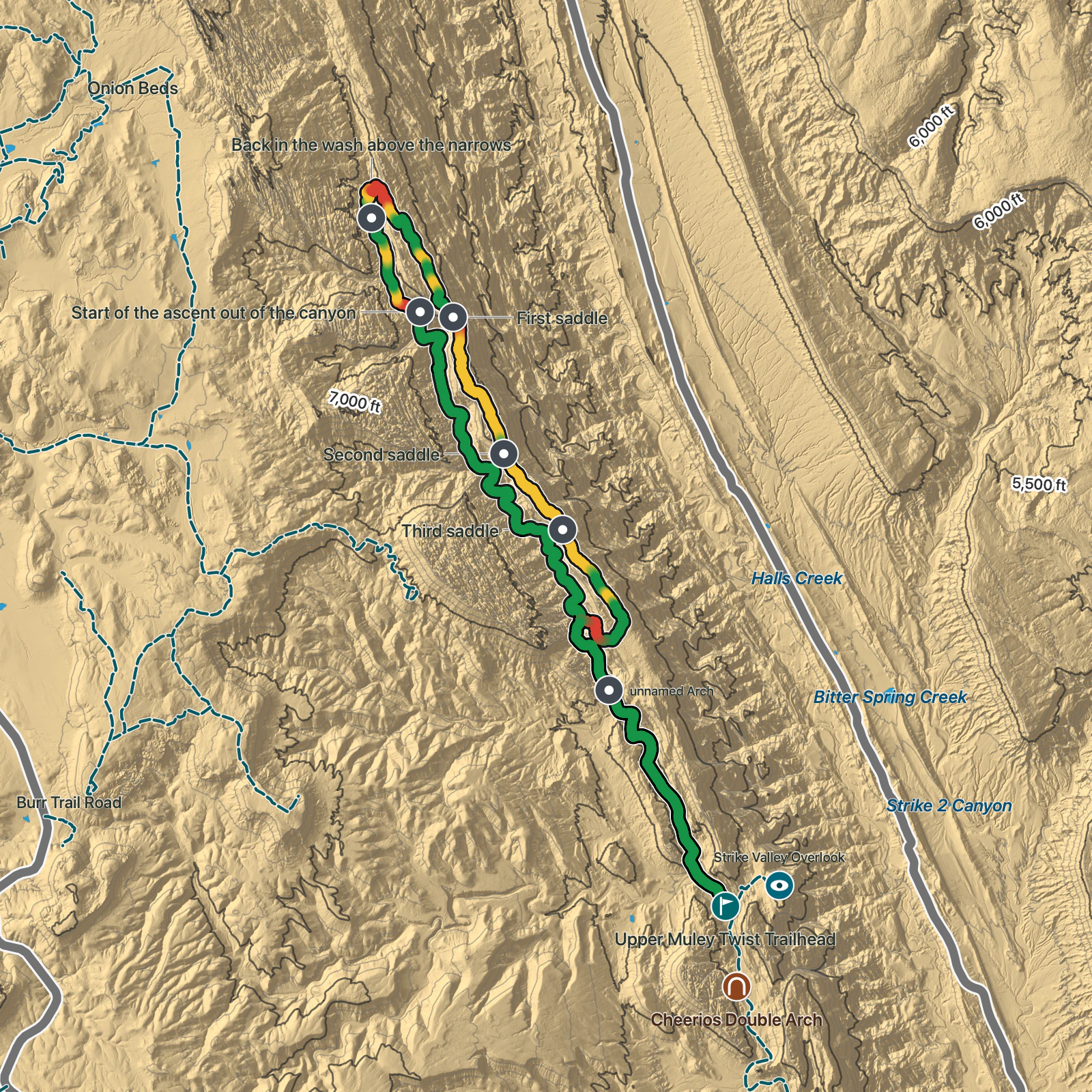 Terrain map of Upper Muley Twist in Capitol Reef National Park