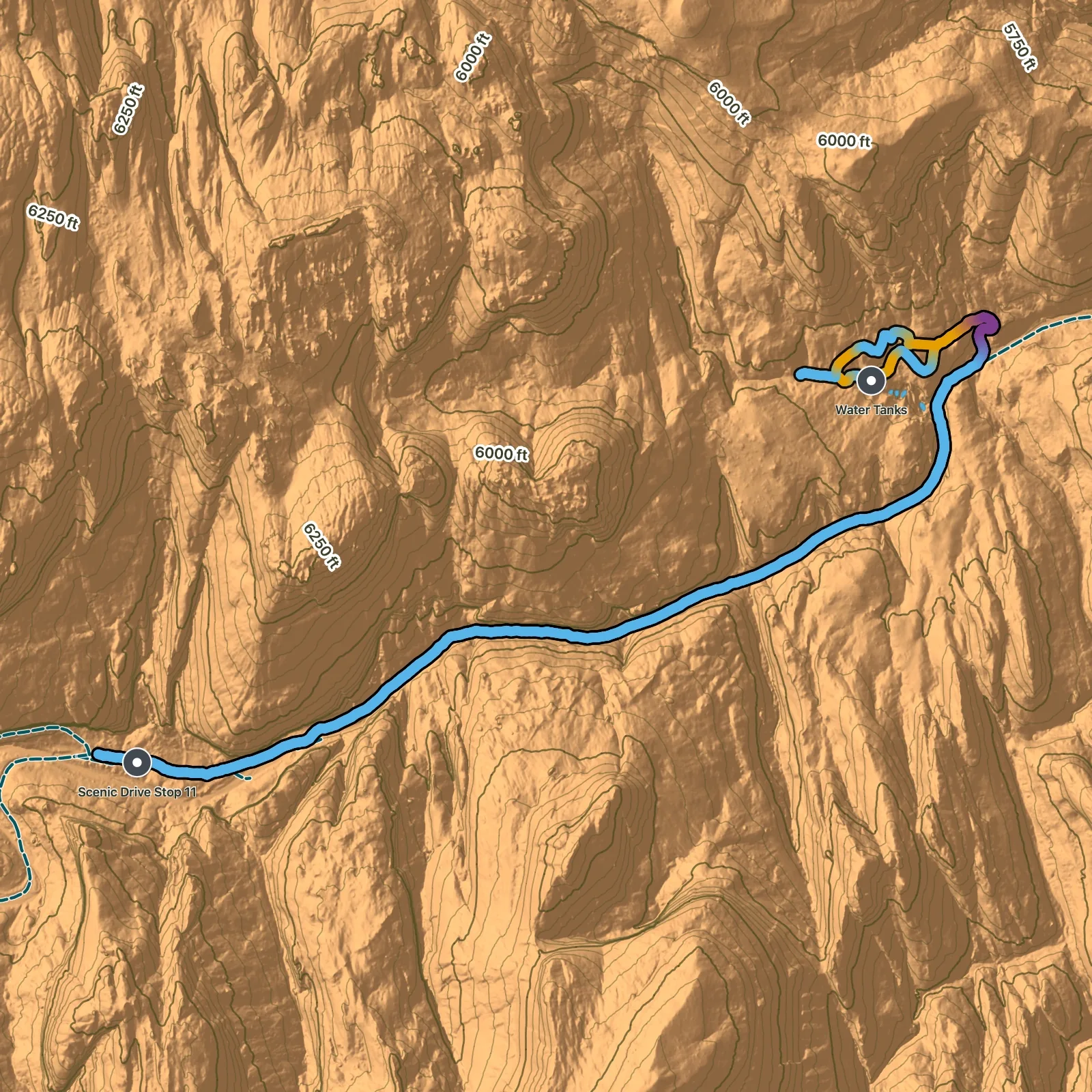 Terrain map of Water Tanks via Capitol Gorge and Tanks Trail in Capitol Reef National Park