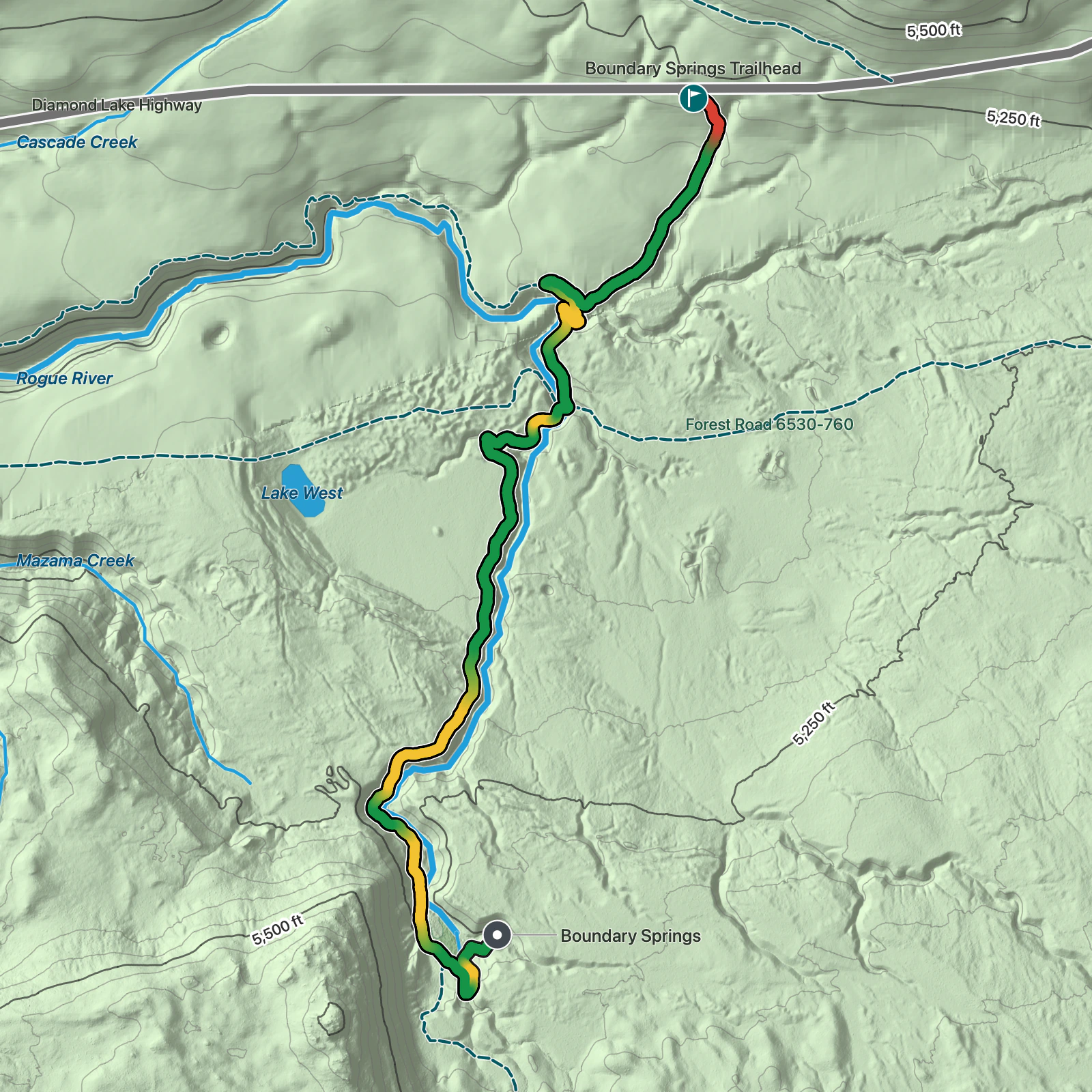 Terrain map of Boundary Springs Trail in Crater Lake National Park