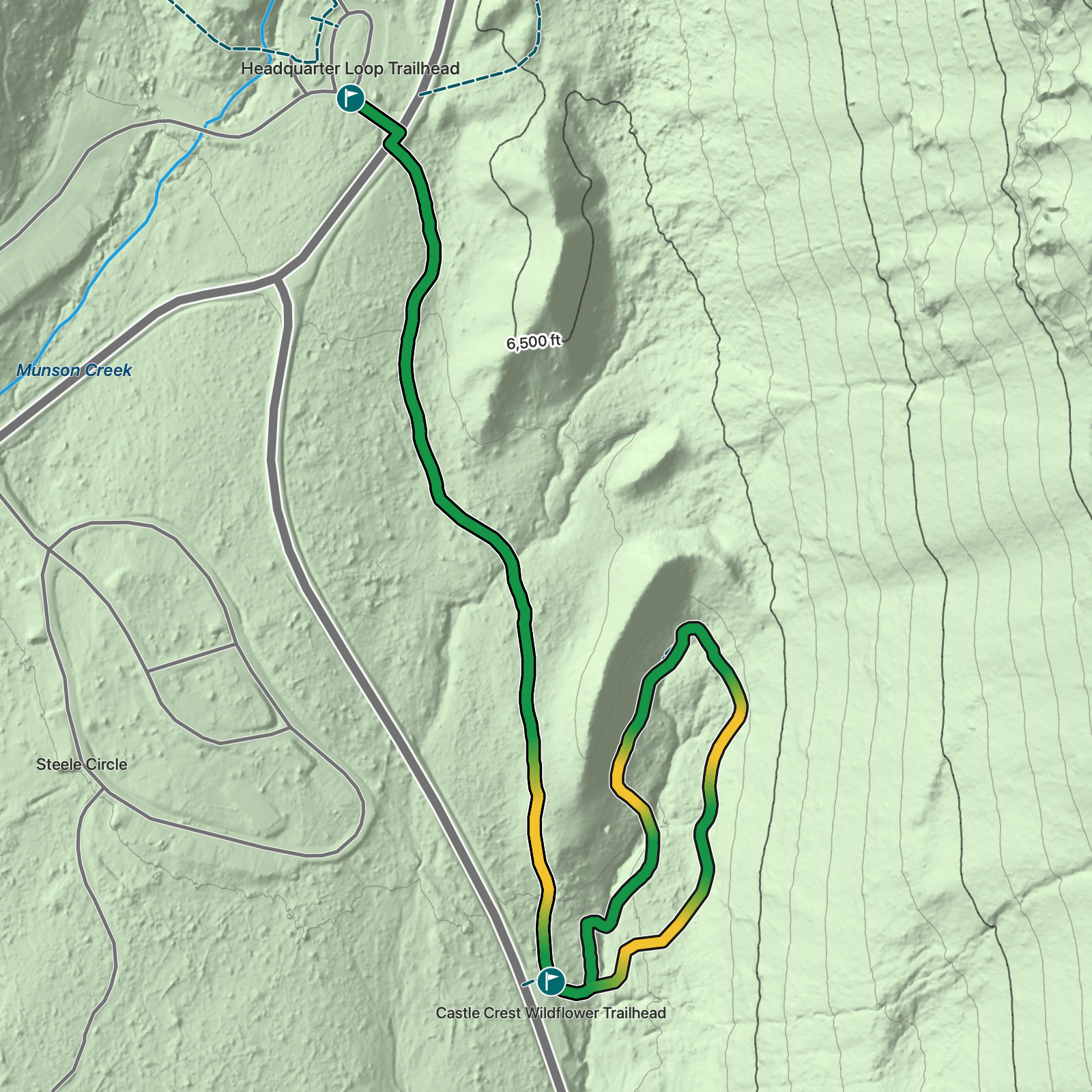 Terrain map of Castle Crest Wildflower Garden Trail in Crater Lake National Park