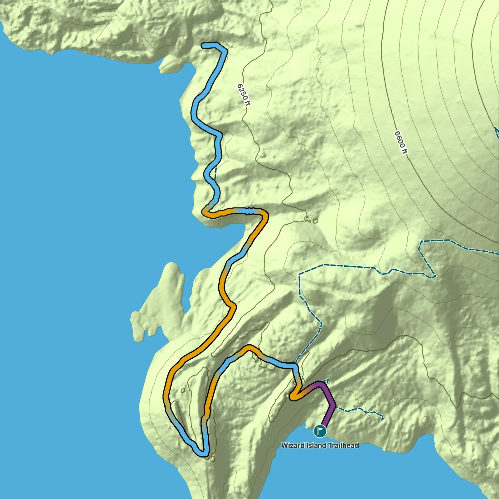 Terrain map of Fumarole Bay Trail in Crater Lake National Park