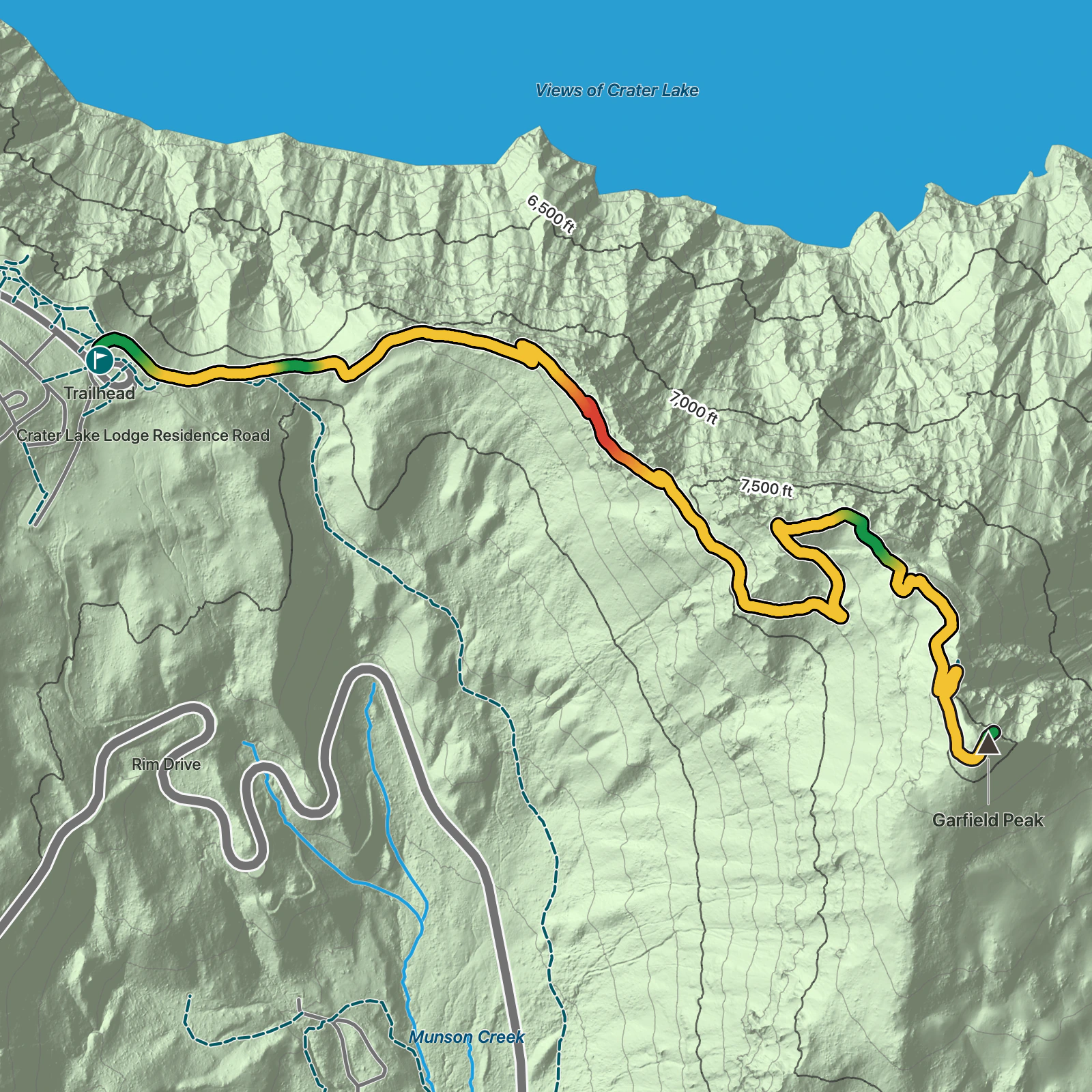 Terrain map of Garfield Peak Trail in Crater Lake National Park