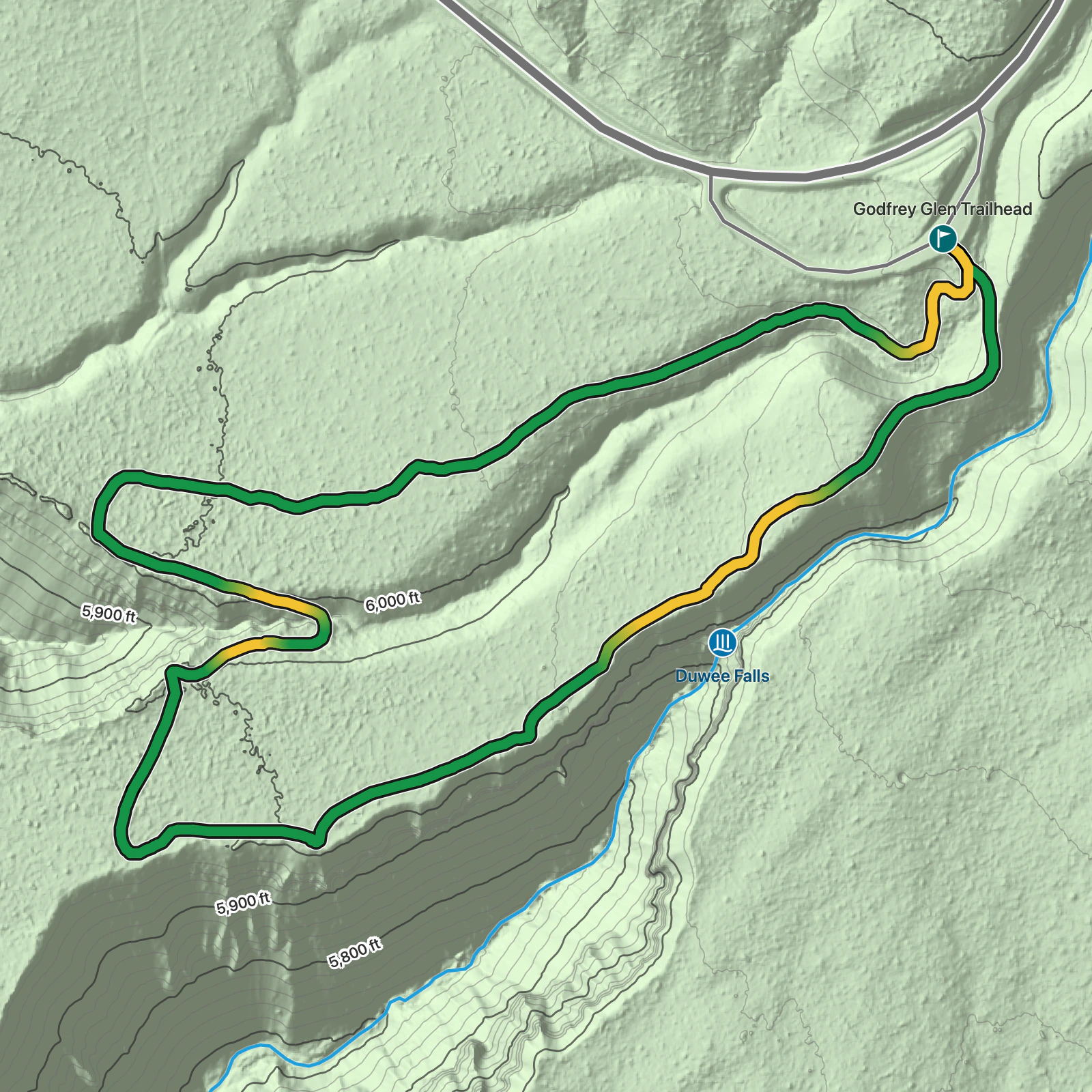 Terrain map of Godfrey Glen Trail in Crater Lake National Park