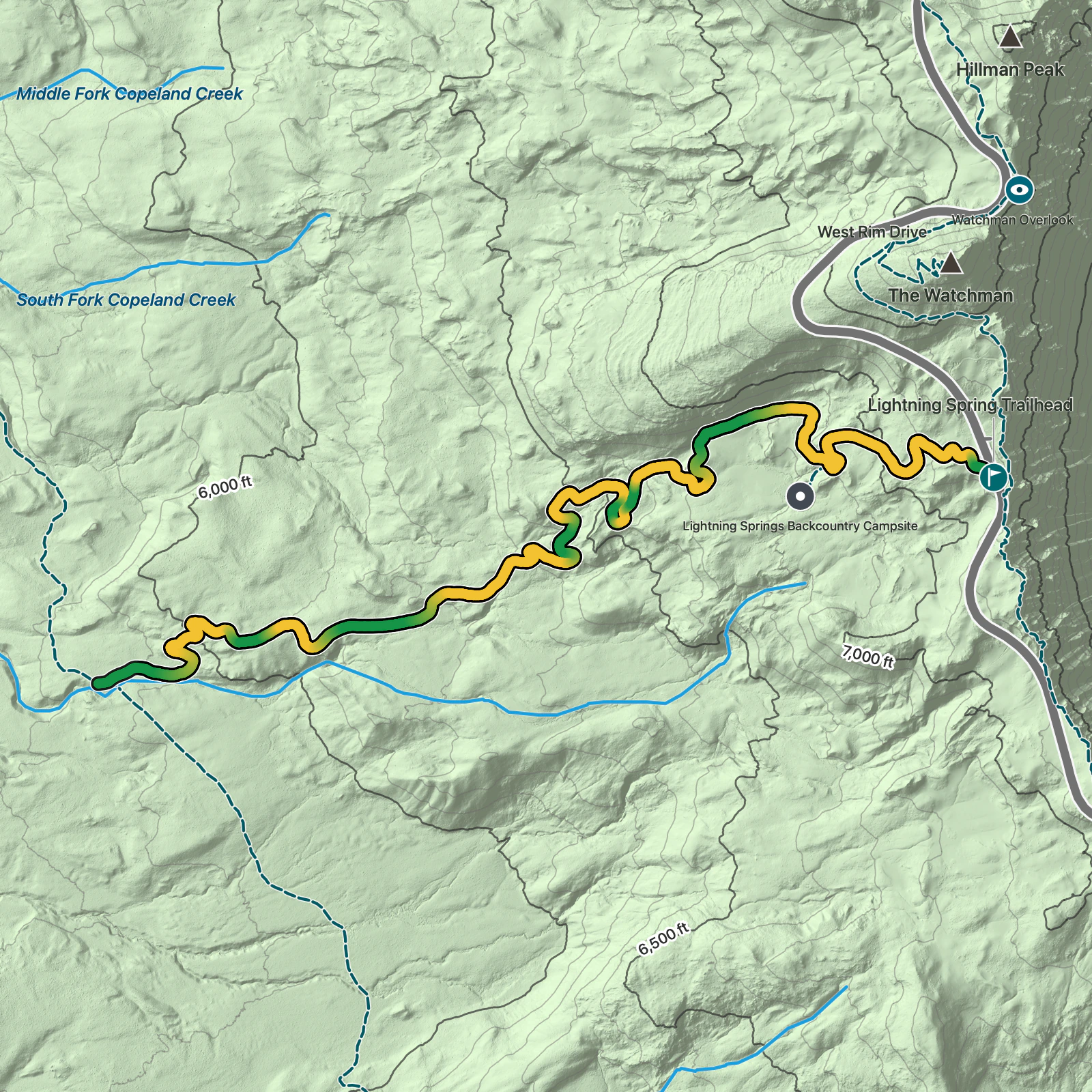 Terrain map of Lightning Spring Trail in Crater Lake National Park