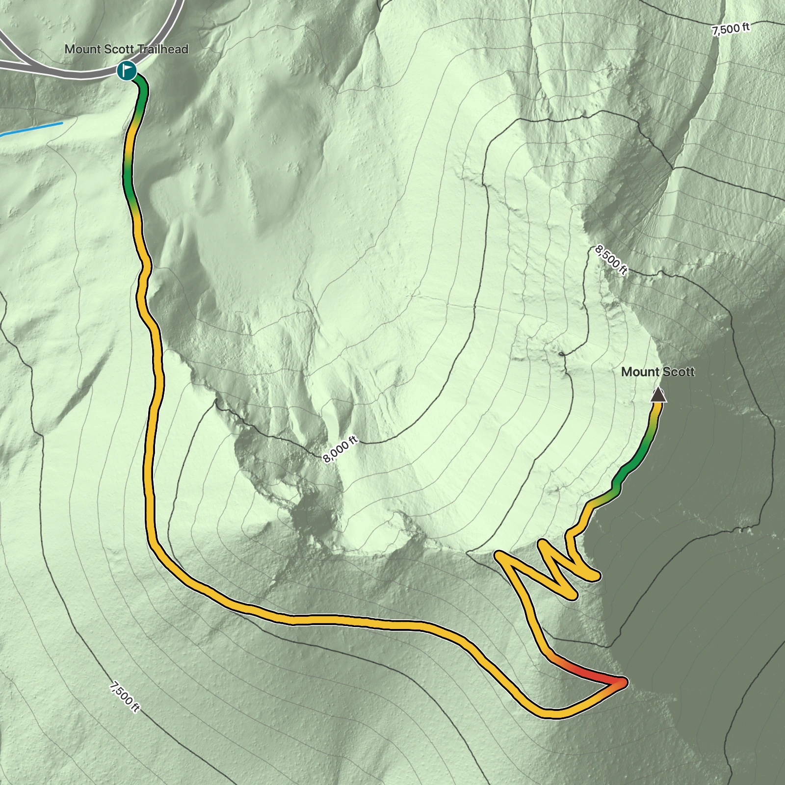 Terrain map of Mount Scott Trail in Crater Lake National Park
