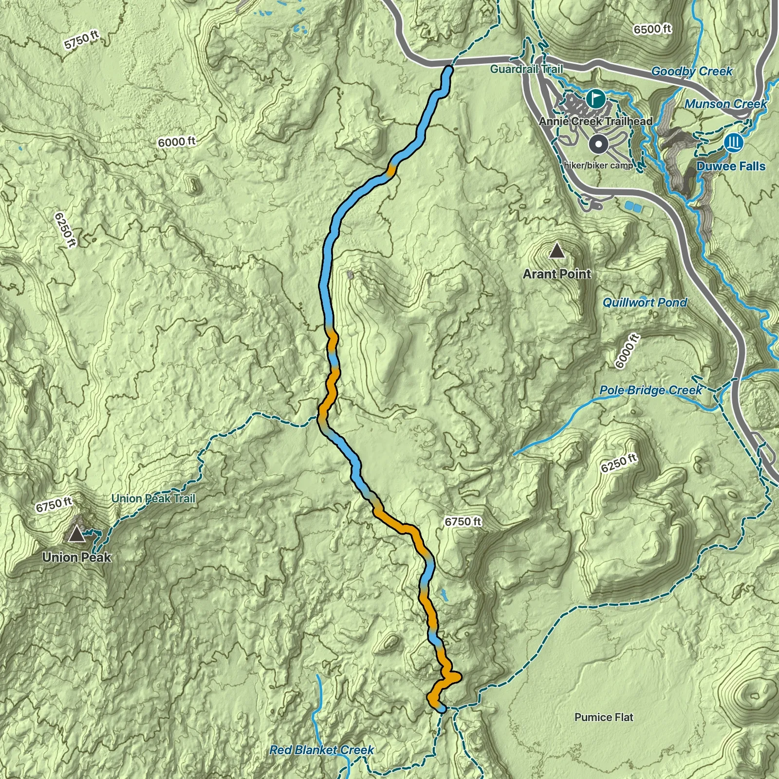 Terrain map of Pacific Crest Trail to Pumice Flat in Crater Lake National Park