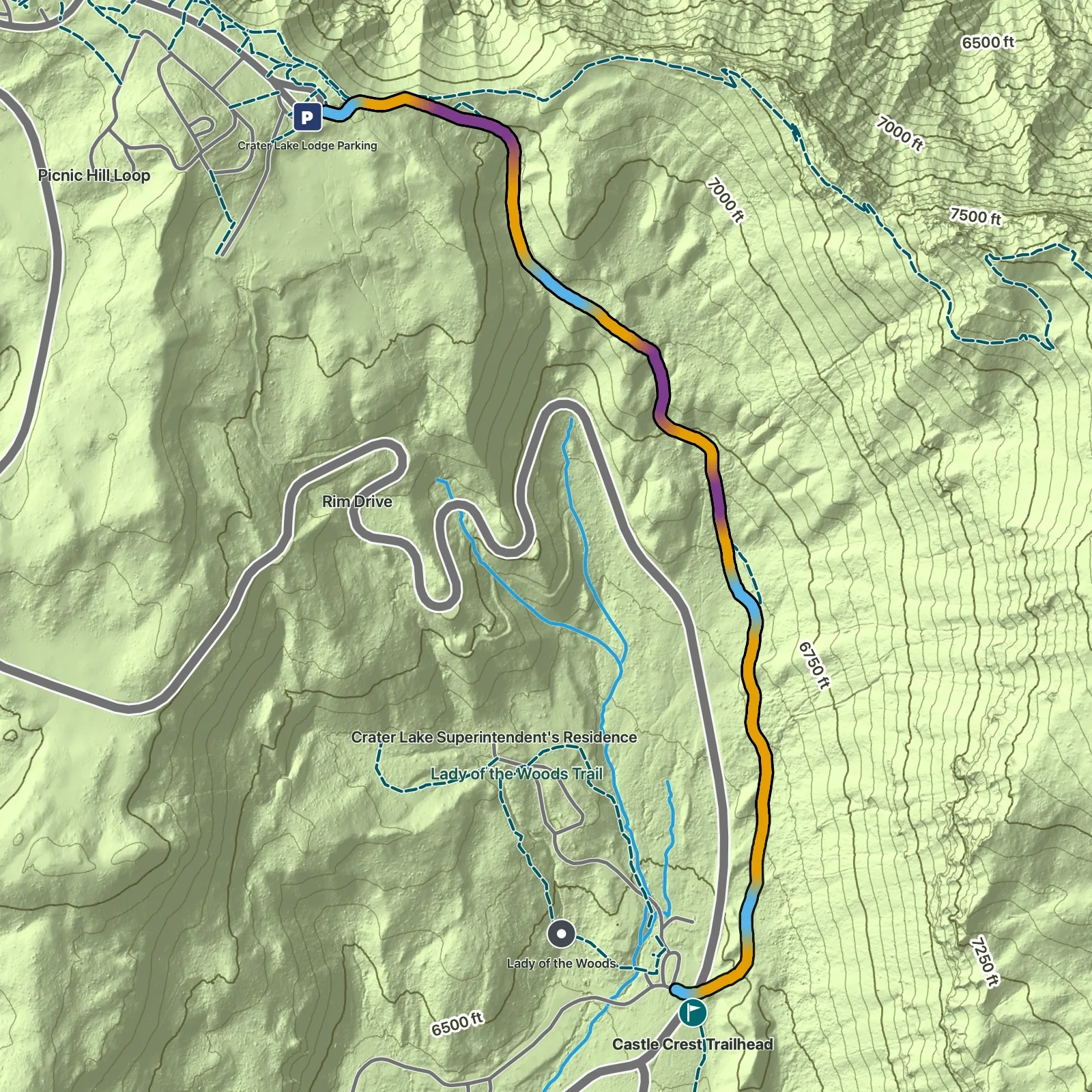 Terrain map of Raven Trail in Crater Lake National Park